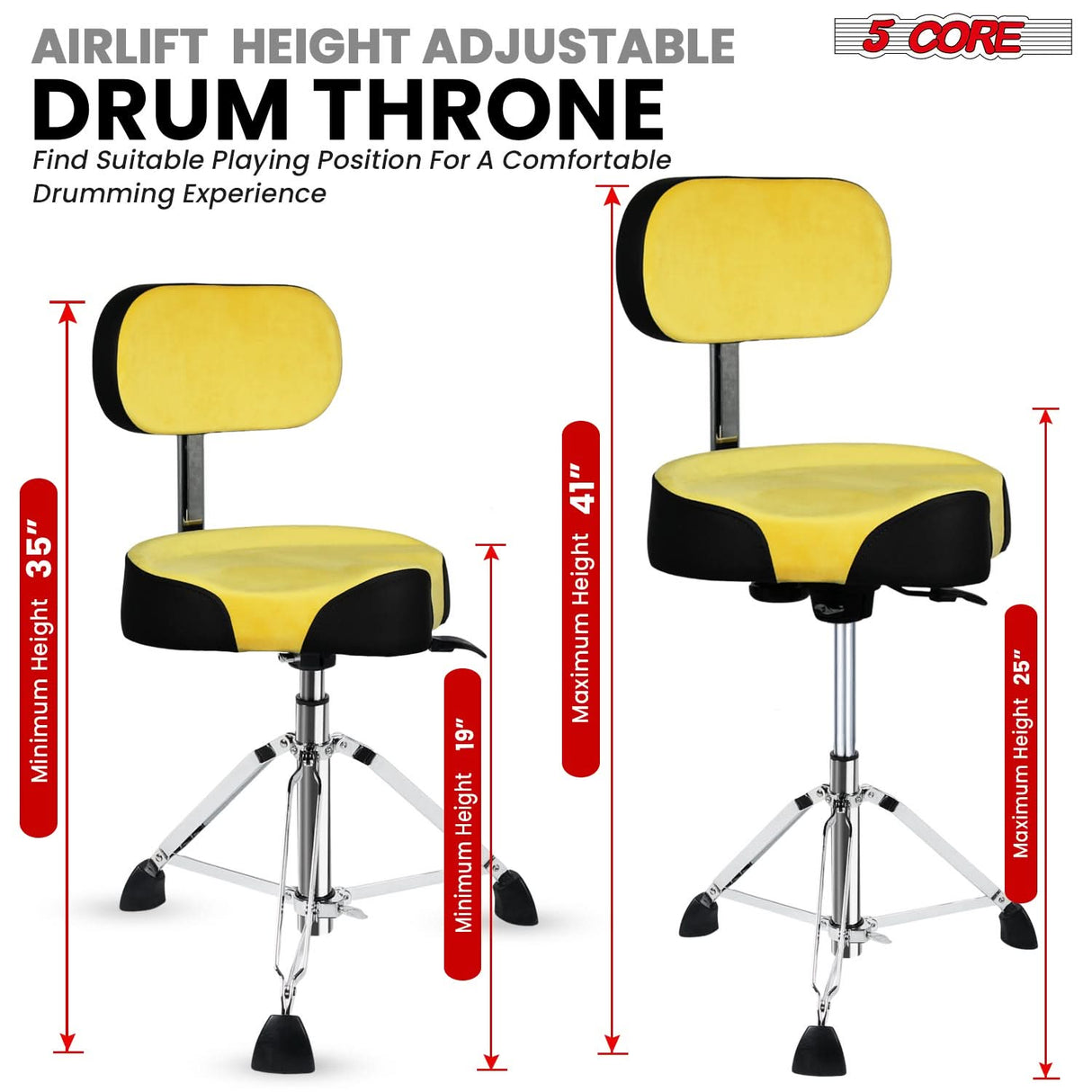 5 Core Drum Throne 4" Padded Seat w Backrest Airlift Adjustable Chair Ergonomic Drummer Stool