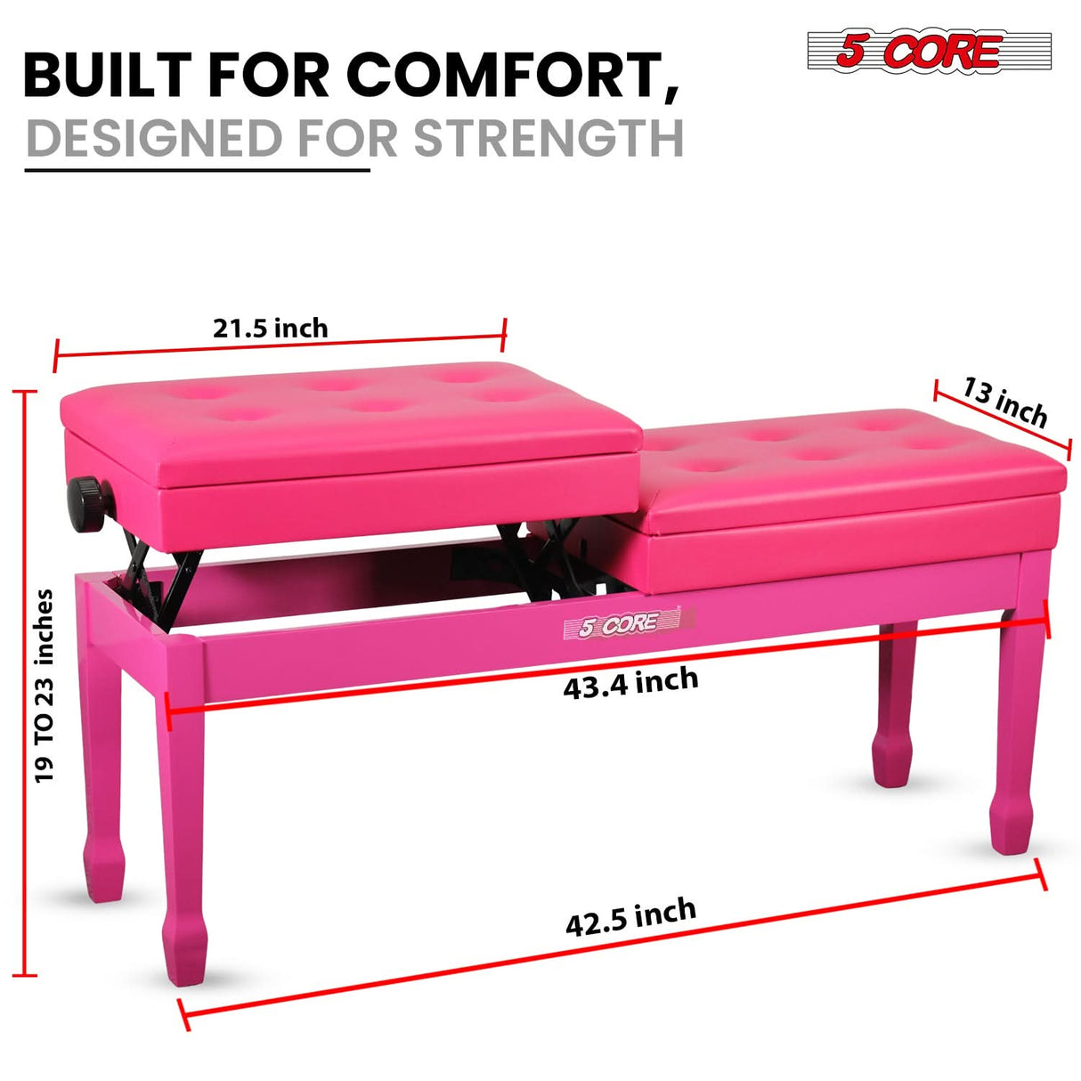 5 Core Duet Piano Bench 3.5 Inch Padded Cushioned Stool Wooden Heavy Duty Musician Chair w Storage