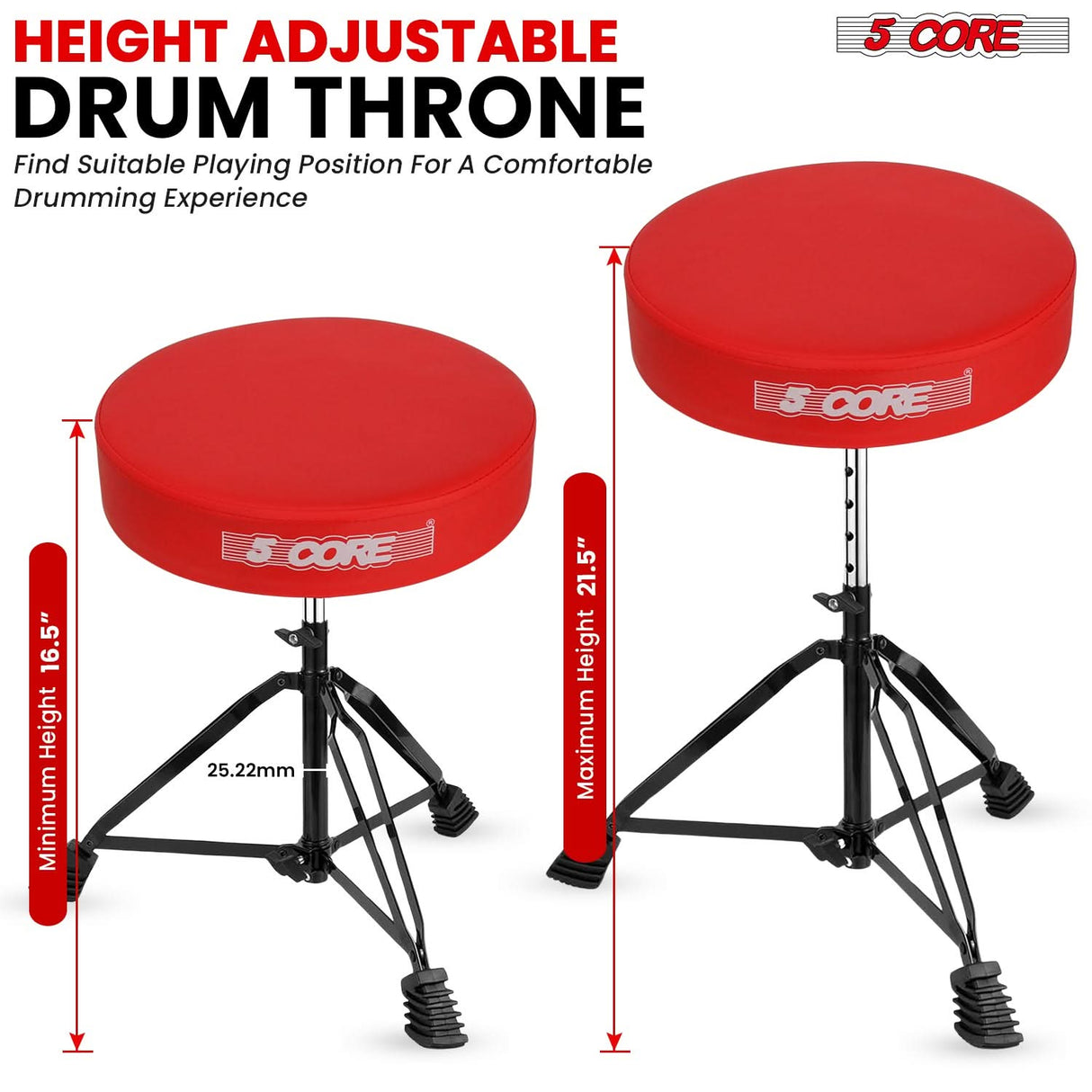 5 Core Drum Throne 3" Padded Drum Seat Height Adjustable Drumming Chair for Practice and Performance