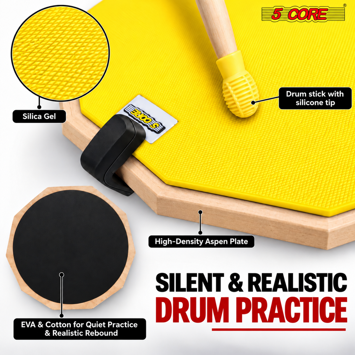 5 Core Drum Practice Pad Set 12" Snare Drumming Stand 2 Sided Drummer Kit