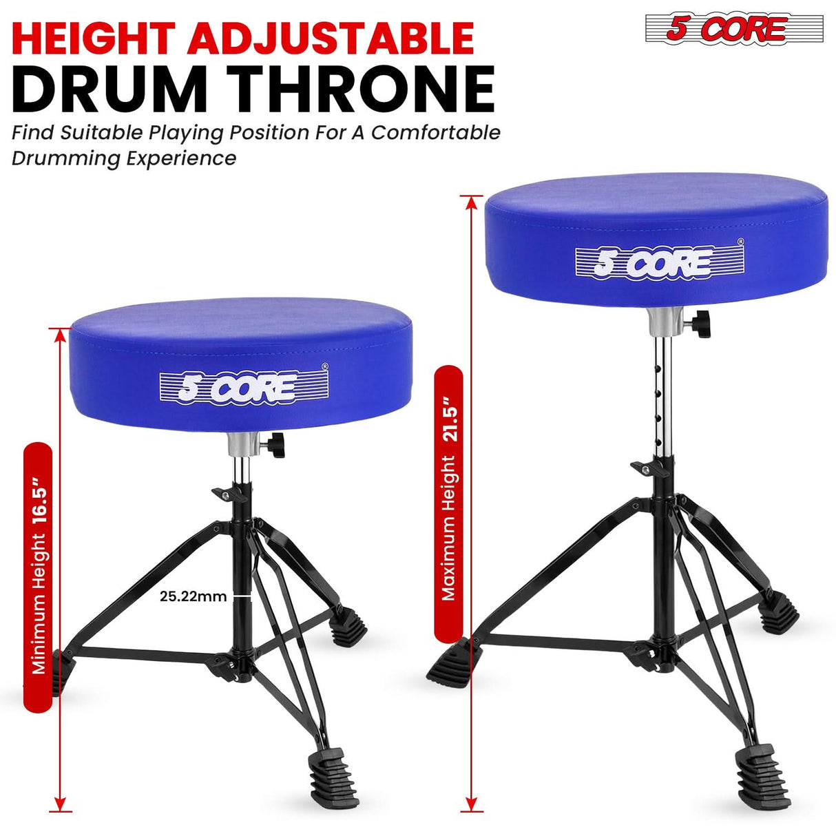 5 Core Drum Throne 3" Padded Drum Seat Height Adjustable Drumming Chair for Practice and Performance