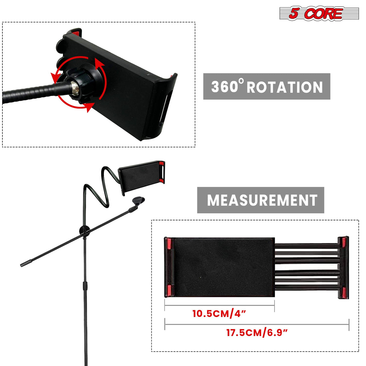 5 Core Tripod Mic Stand w Phone Holder Height Adjustable Microphone Mount Stands