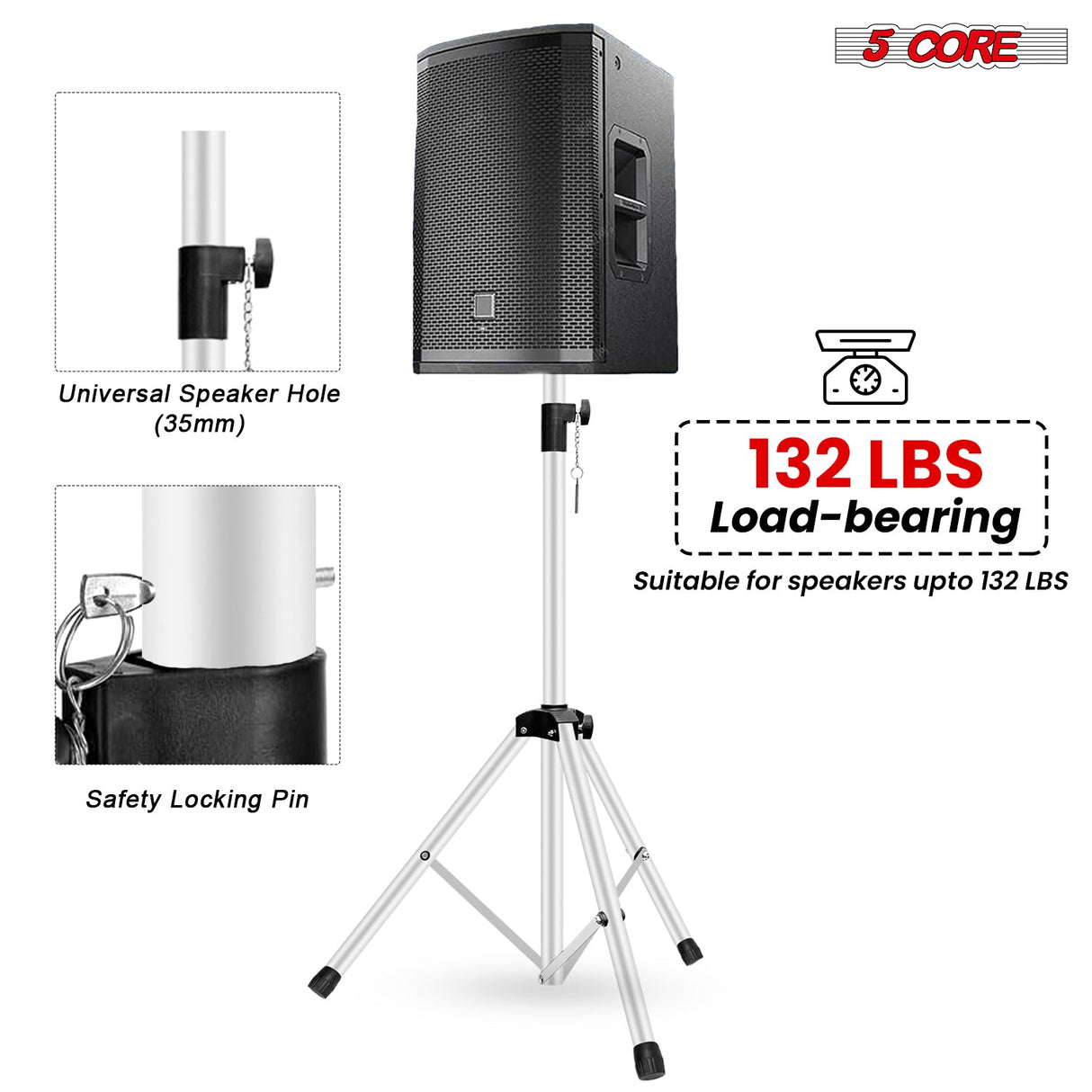 5 Core Speaker Stand Adjustable 31 to 54" PA DJ Tripod Stands Heavy Duty w 35mm Insert 132 Lbs