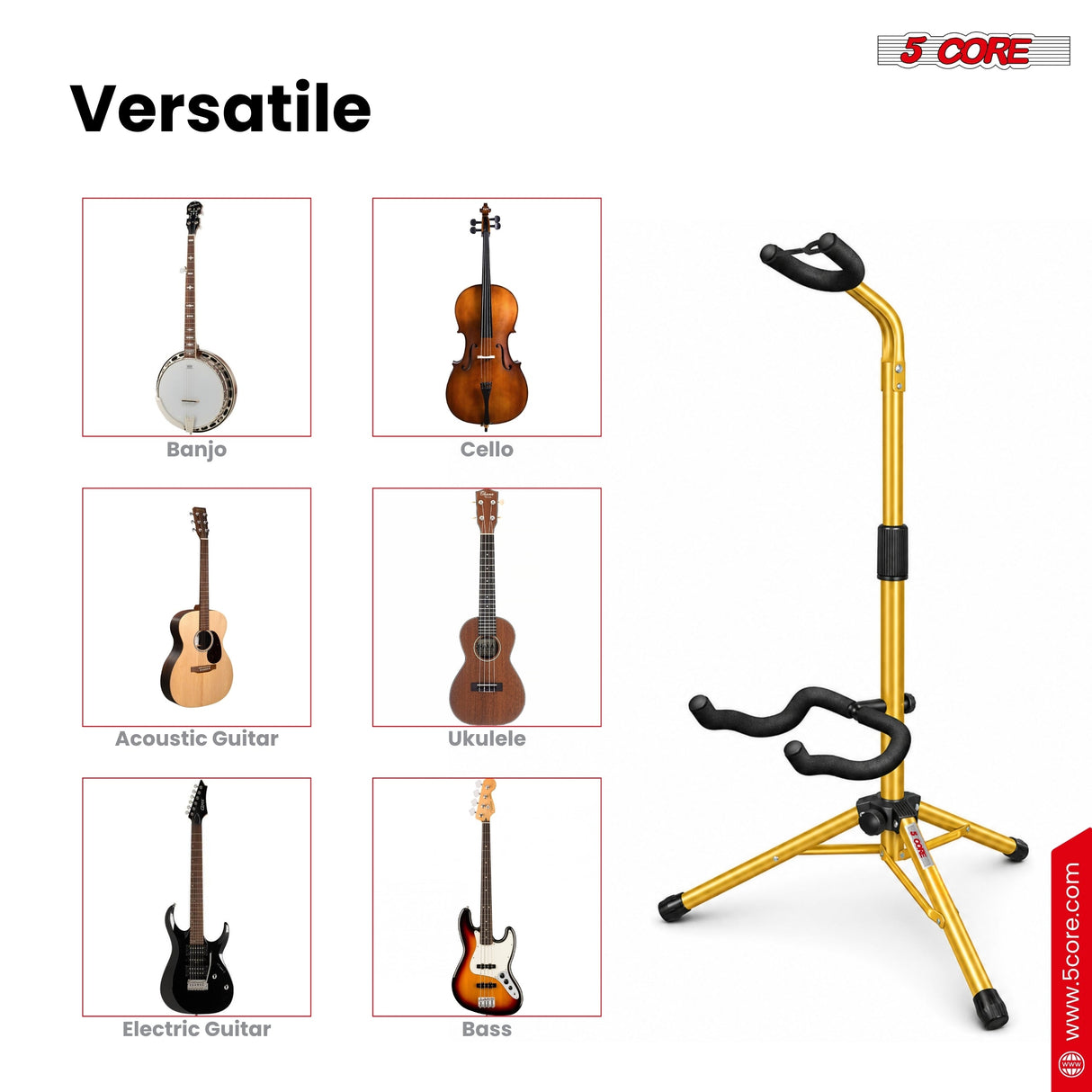 5 Core Guitar Stand Floor Adjustable Heavy Duty w Neck Holder for Acoustic Electric Classic Bass