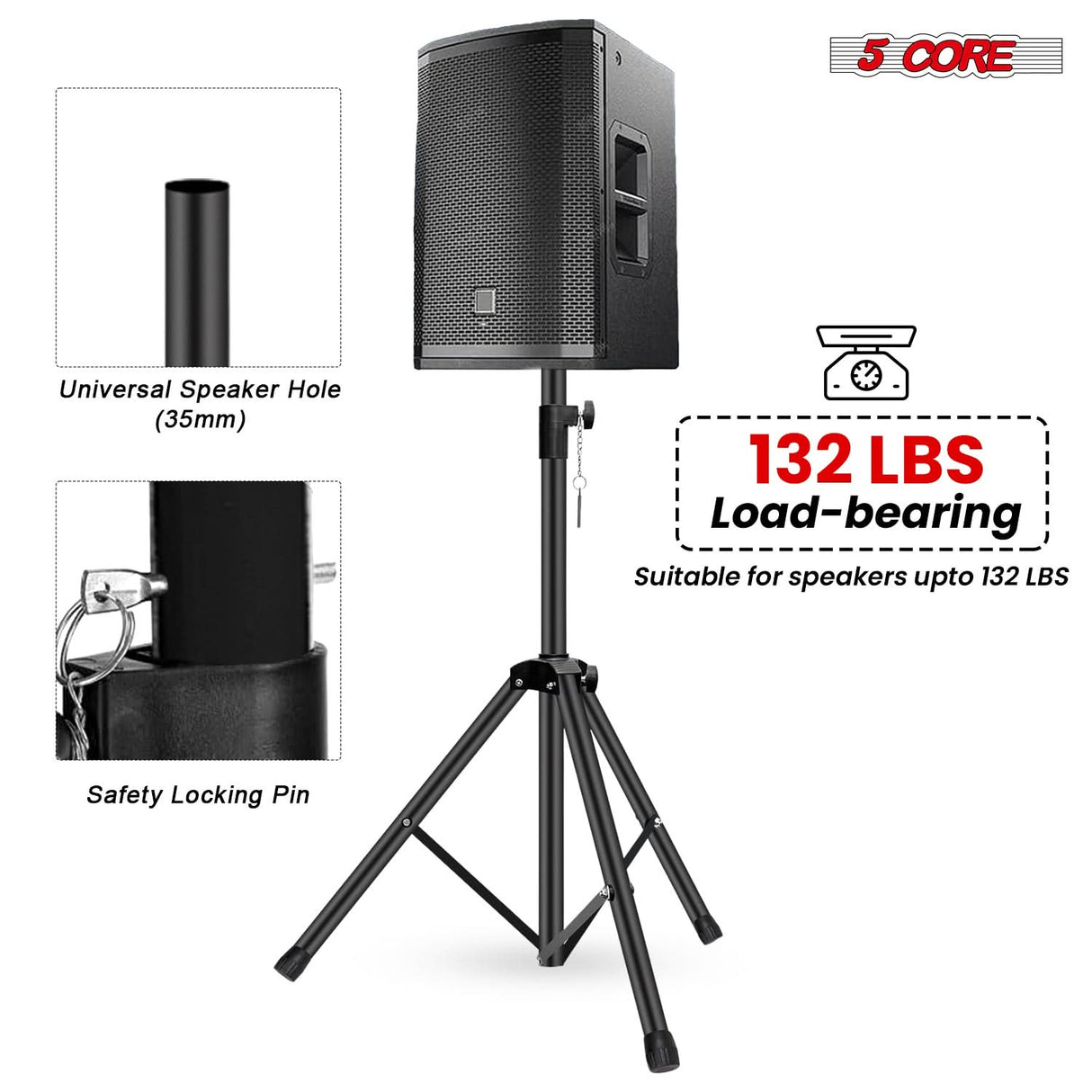 5 Core Speaker Stand Adjustable 31 to 54" PA DJ Tripod Stands Heavy Duty w 35mm Insert 132 Lbs