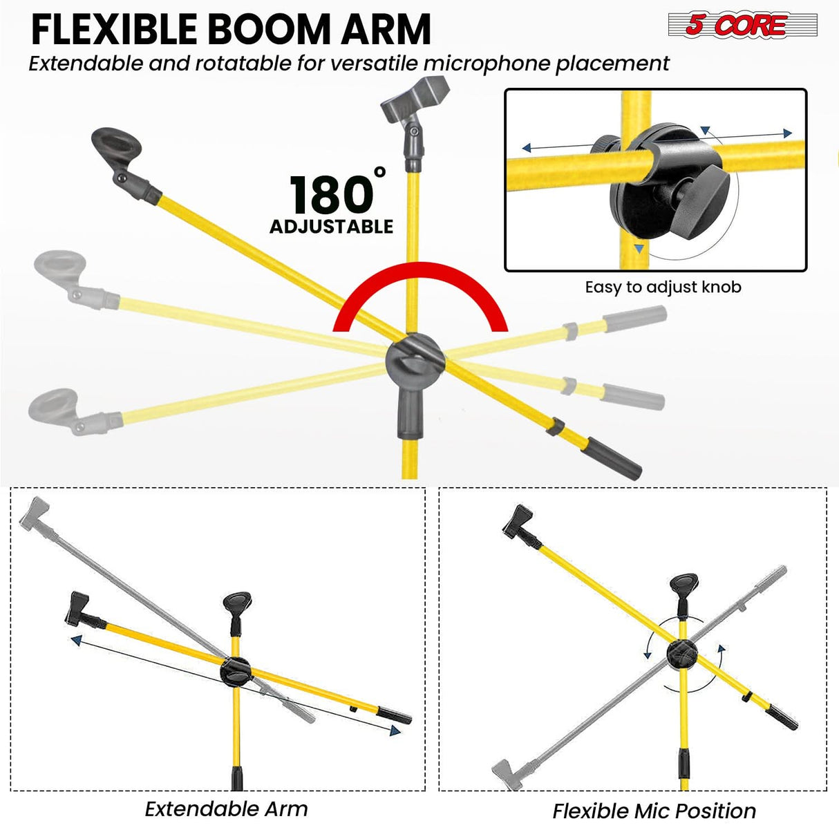 5 Core Mic Stand Floor Height Adjustable Tripod Microphone Stands w Extending Telescoping Boom Arm