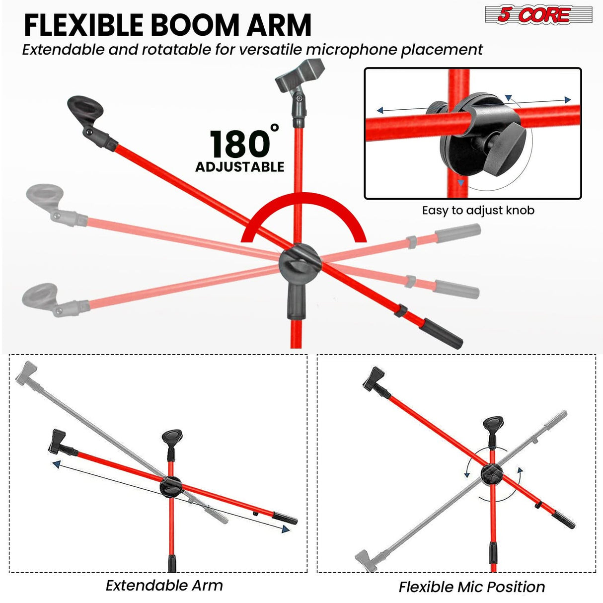 5 Core Mic Stand Floor Height Adjustable Tripod Microphone Stands w Extending Telescoping Boom Arm