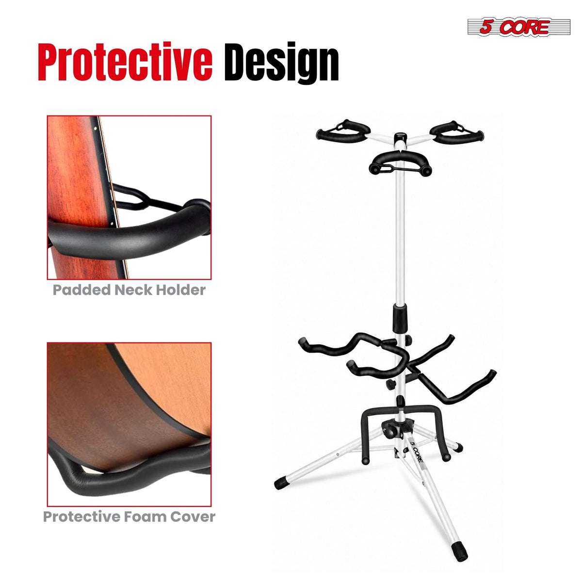 5 Core Triple Guitar Stand Floor w Foam Arms for Acoustic Electric Guitars