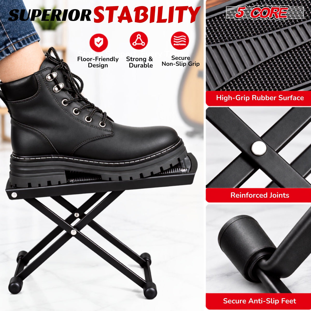 5Core Guitar Foot Stool Height Adjustable Folding Leg Rest Classical Footrest