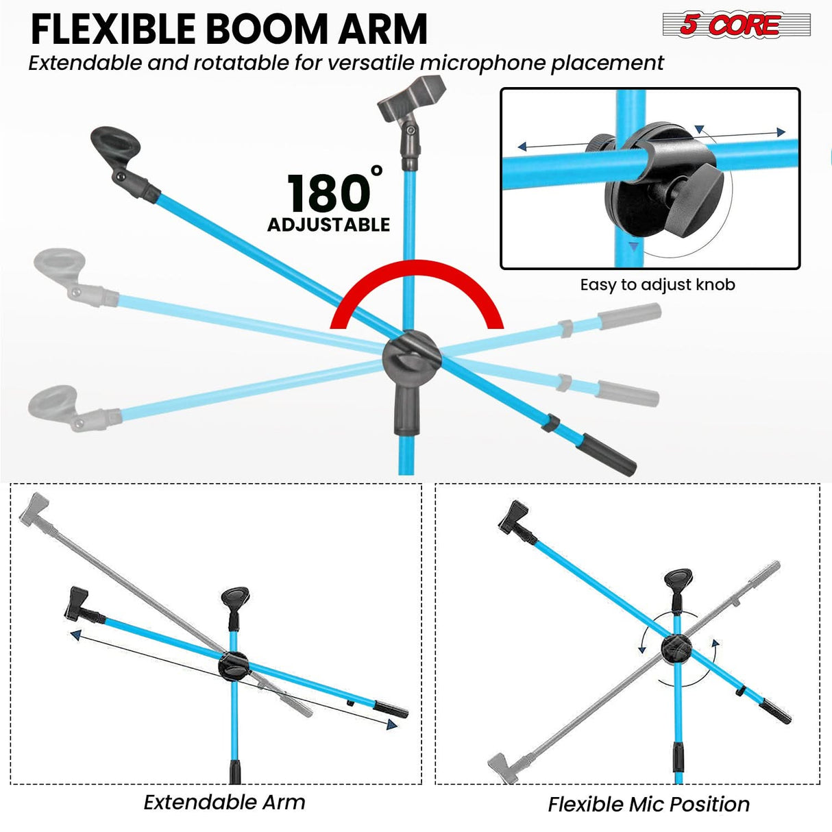 5 Core Mic Stand Floor Height Adjustable Tripod Microphone Stands w Extending Telescoping Boom Arm