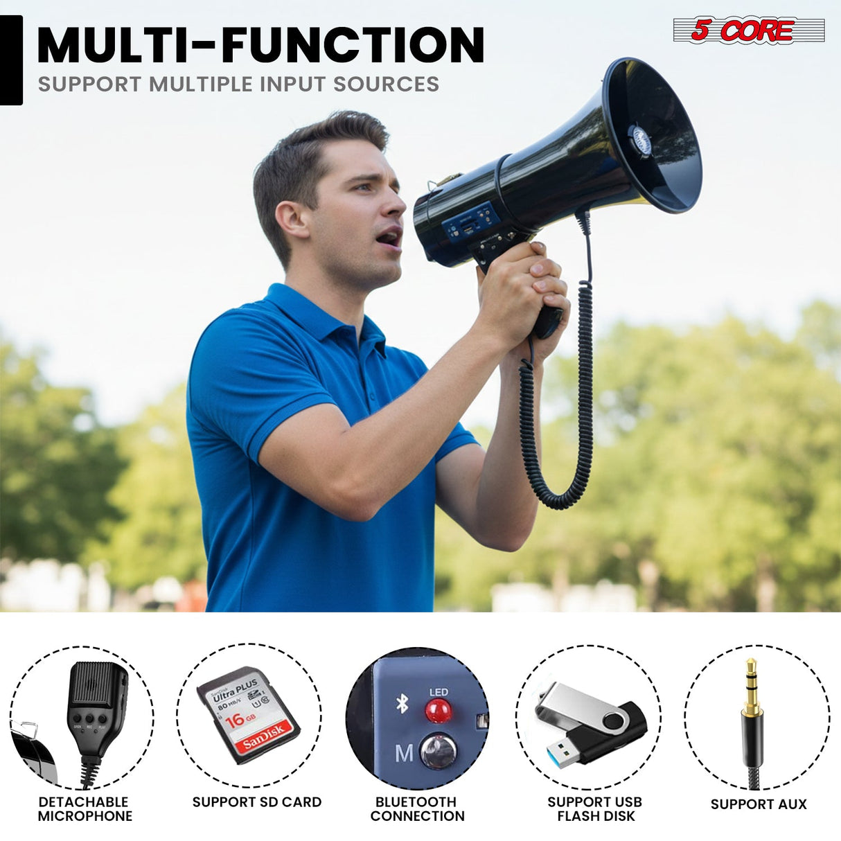 5 Core Megaphone 50W Bluetooth Rechargeable Bullhorn 1100 Yards Loud Siren for Soccer Baseball Coach