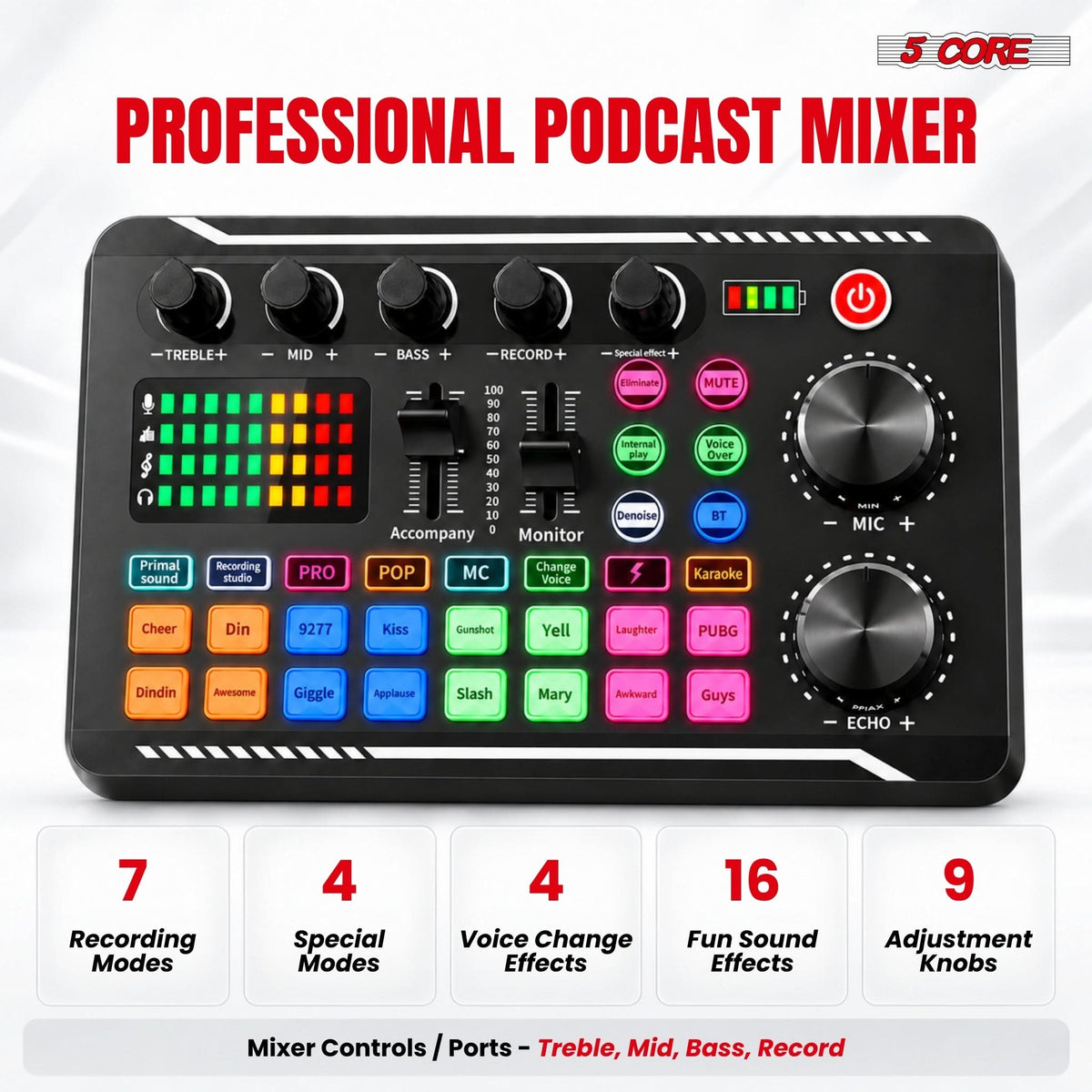 5 Core Podcast Equipment Bundle w Condenser Mic Voice Changer Audio Mixer Pair