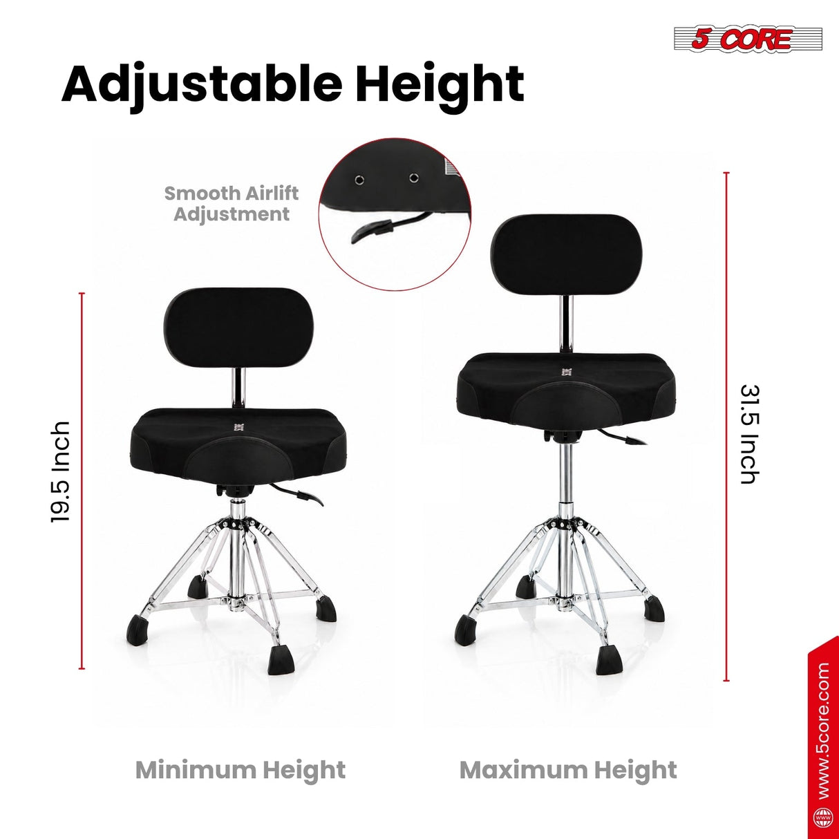5 Core Drum Throne w Backrest 4" Padded Stool Airlift Adjustable Drummer Chair