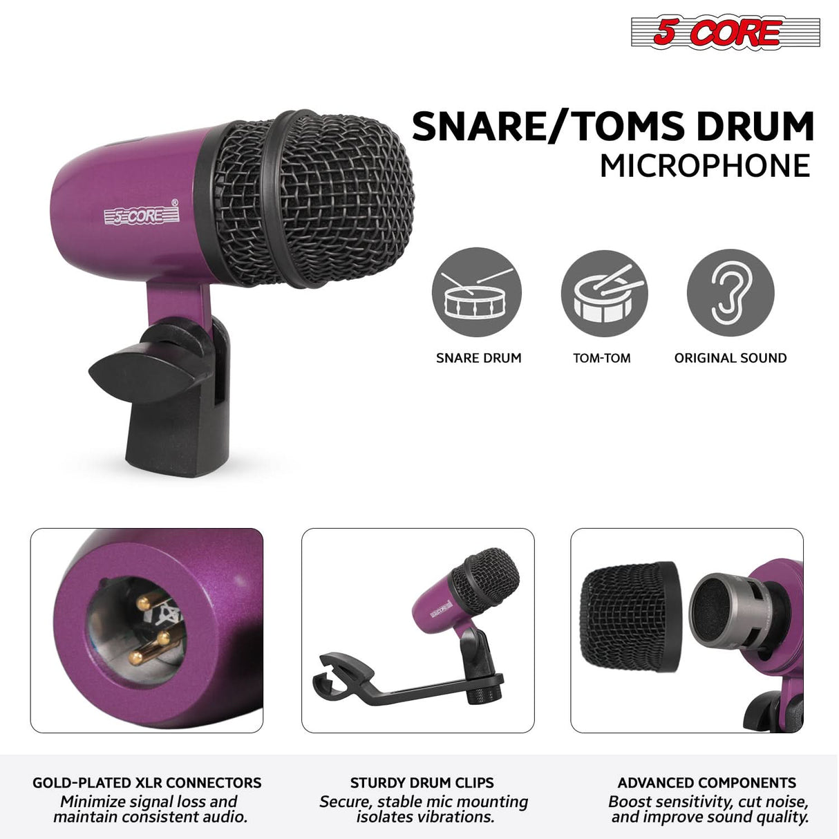 5 Core Drum Microphone Kit 7 Piece All Metal Drummer Instrument Mics Tom/Snare & Cymbals Set