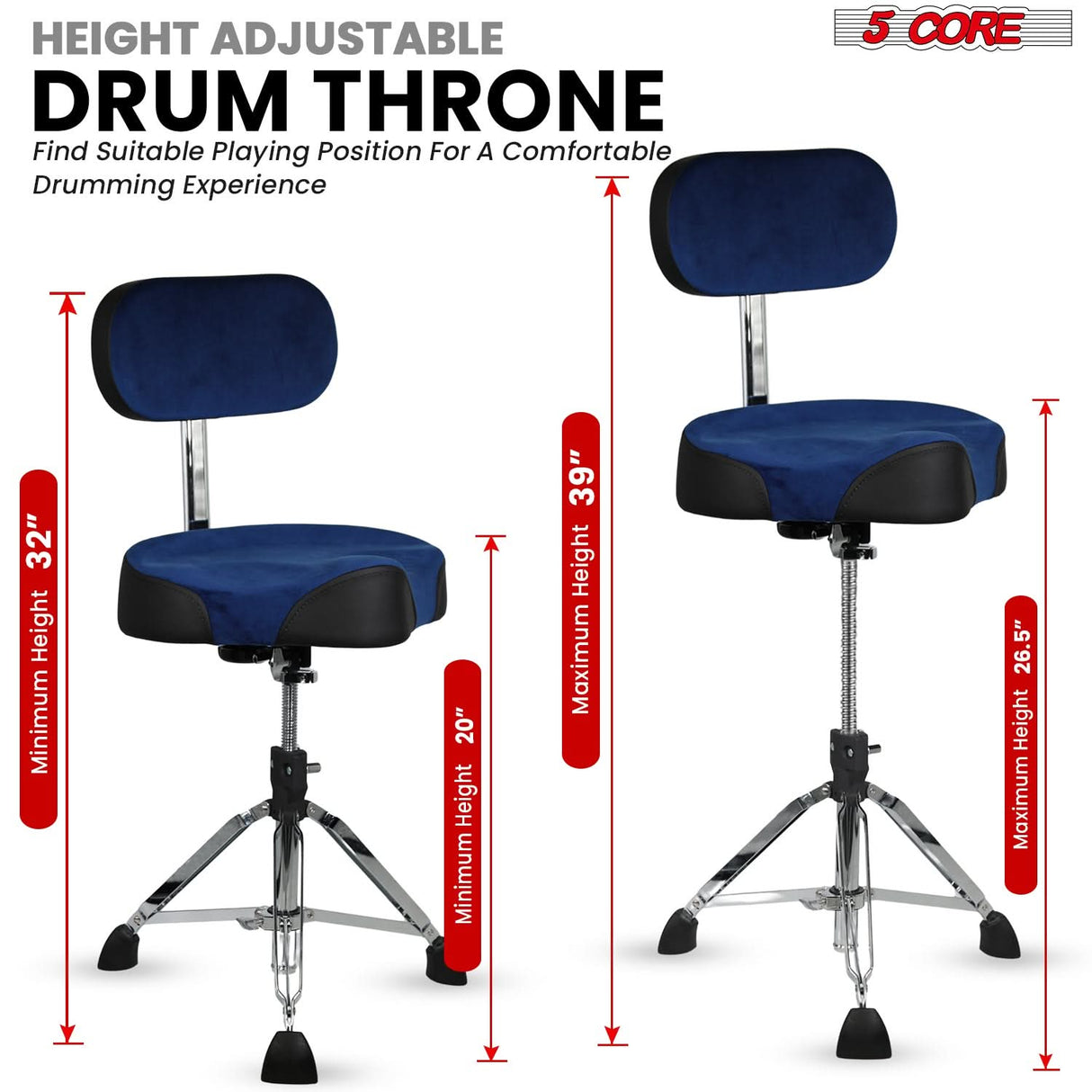 5 Core Drum Throne w Backrest 4" Padded Adjustable 26.5" Drummer Stool w Velvet Top 441Lb Capacity