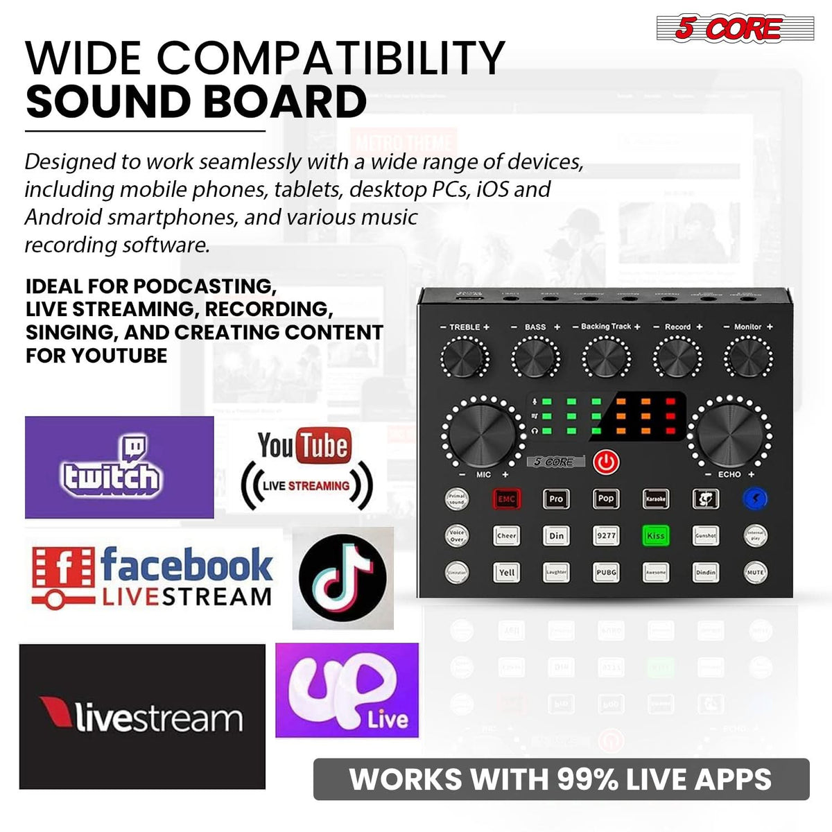 5 Core Podcast Equipment Bundle w Condenser Mic Voice Changer Audio Mixer