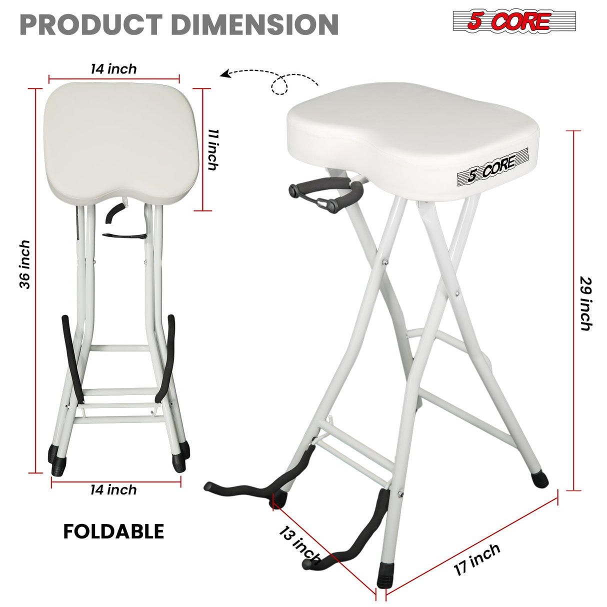 5Core Guitar Stool 3.15" Padded Chair Foldable Heavy Duty Music Seat Built in Foot Rest Guitar Stand