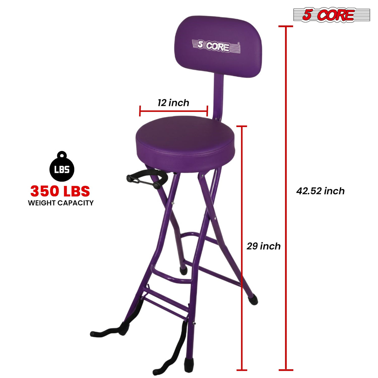 5Core Guitar Stool 3.15" Padded Chair w Backrest Foldable Music Seat Built in Foot Rest Guitar Stand