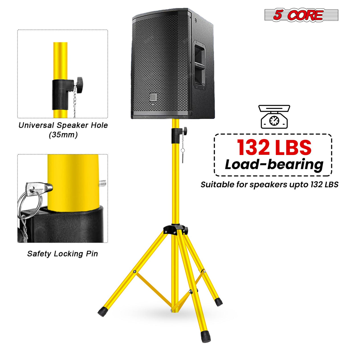 5 Core Speaker Stand Adjustable 31 to 54" PA DJ Tripod Stands Heavy Duty w 35mm Insert 132 Lbs