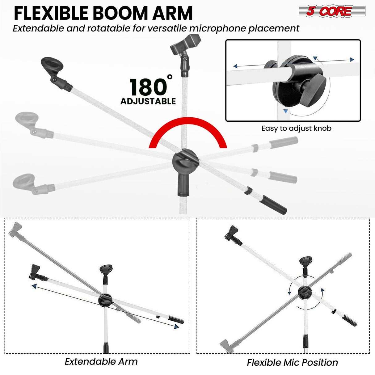 5 Core Mic Stand Floor Height 4Pcs Adjustable Tripod Microphone Stands w Extending Telescoping Boom Arm