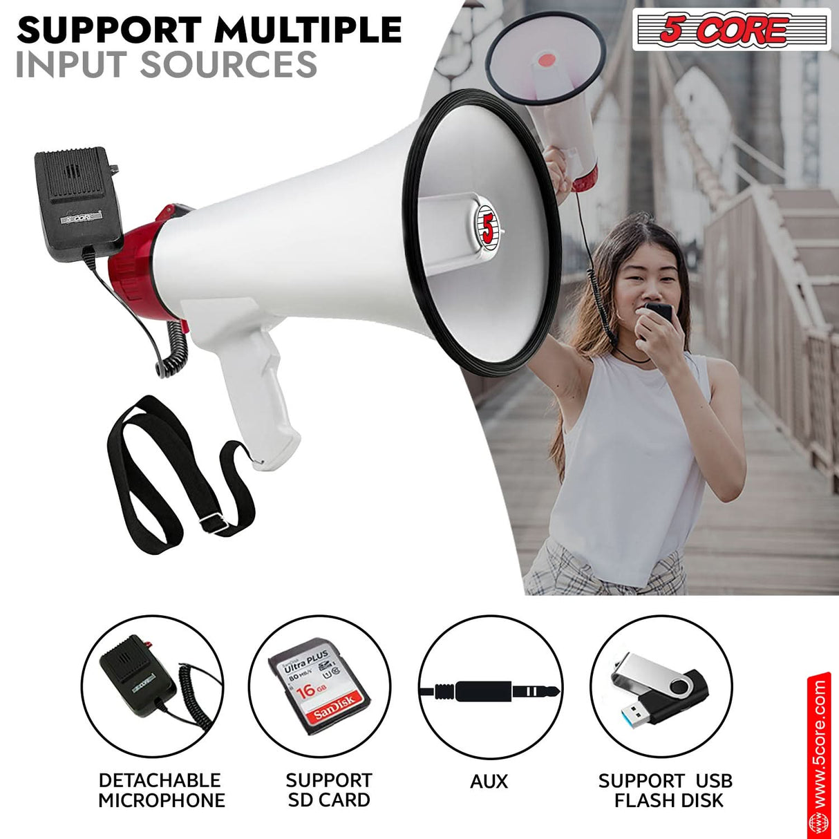 5 Core Megaphone 50W Bull Horn PA Speaker w 300M Range Loud Siren Voice Amplifier Portable