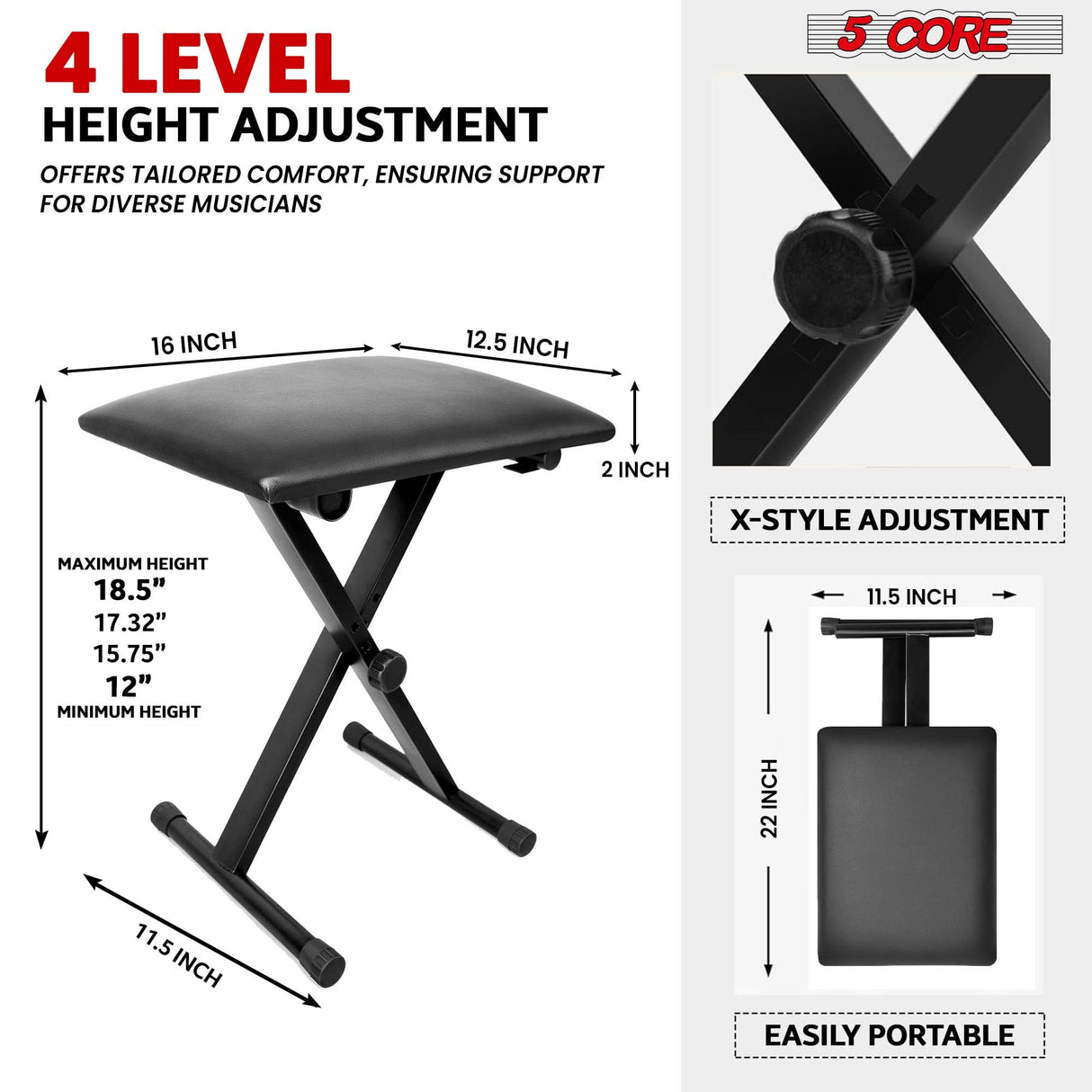 5 Core Keyboard Stand Piano Bench Combo Adjustable Key Board Stands 2" Padded Musician Chair Set
