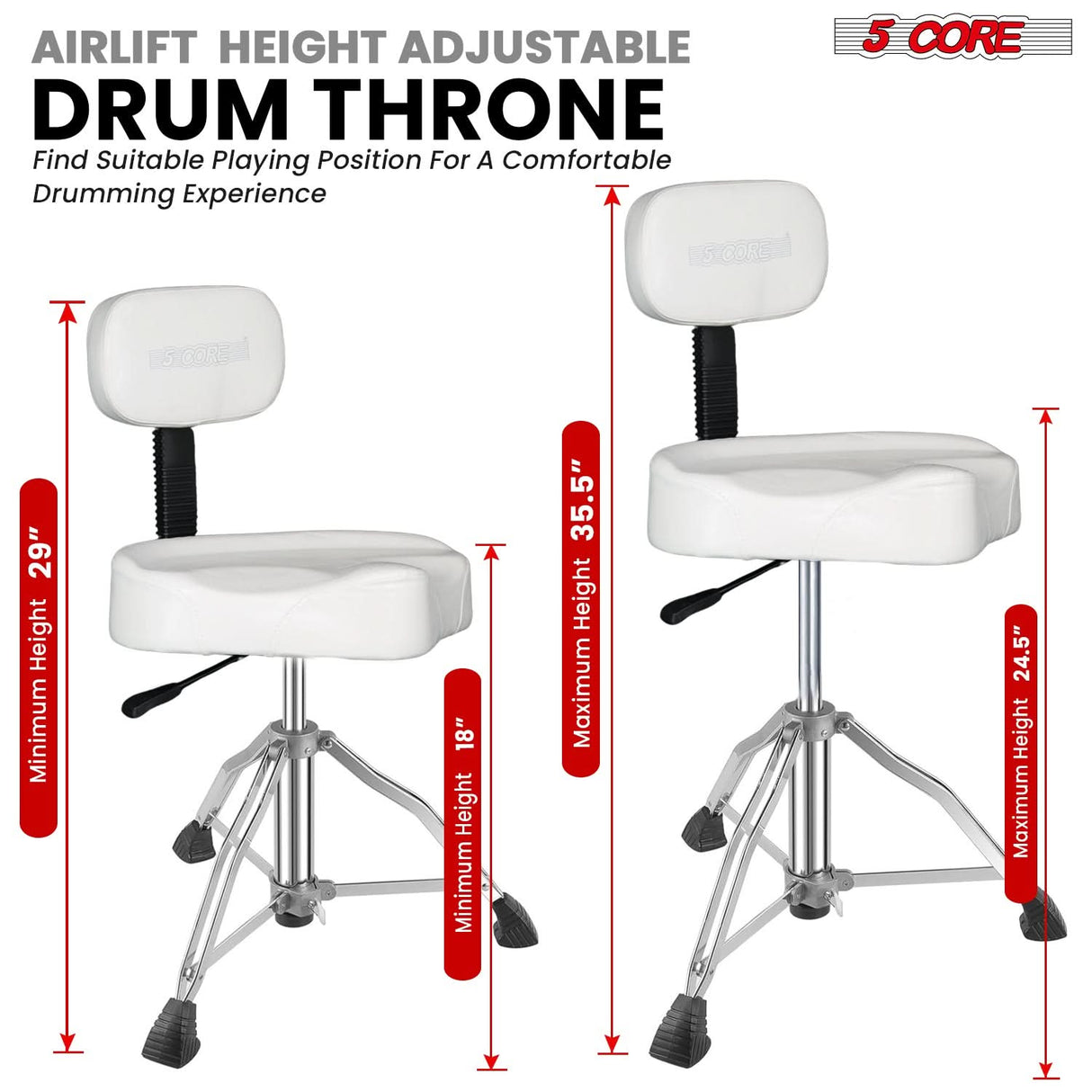 5 Core Drum Throne w Backrest 4" Padded Stool Adjustable 24.5" Drummer Chair w 441Lb Capacity