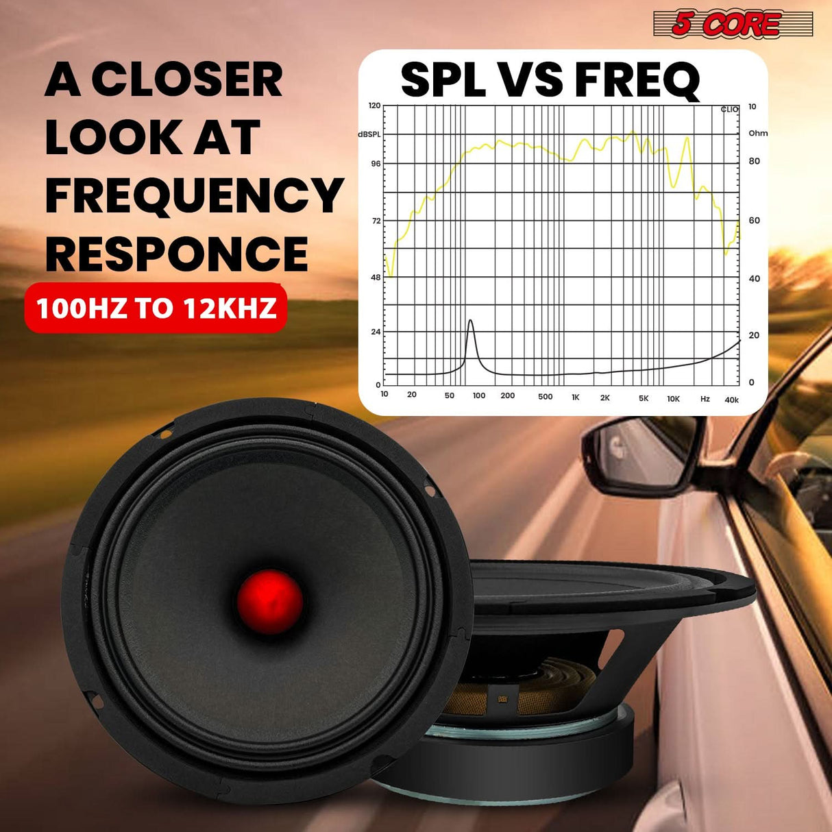 5 Core 8 Inch Midrange Speaker 500W Aluminum Bullet 4 Ohm Pro Audio Slim Car Door Loudspeaker