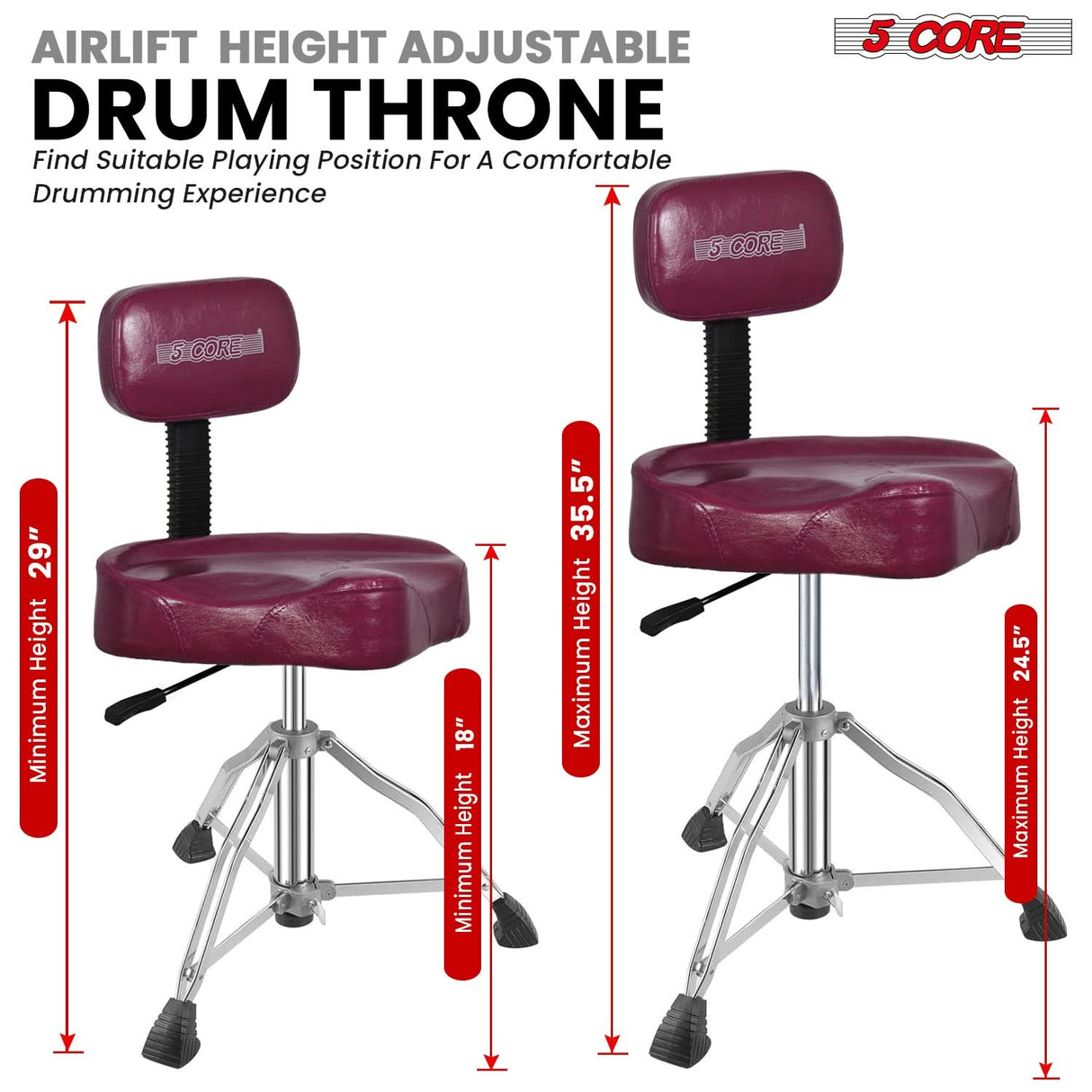 5 Core Drum Throne w Backrest 4" Padded Stool Adjustable 24.5" Drummer Chair w 441Lb Capacity