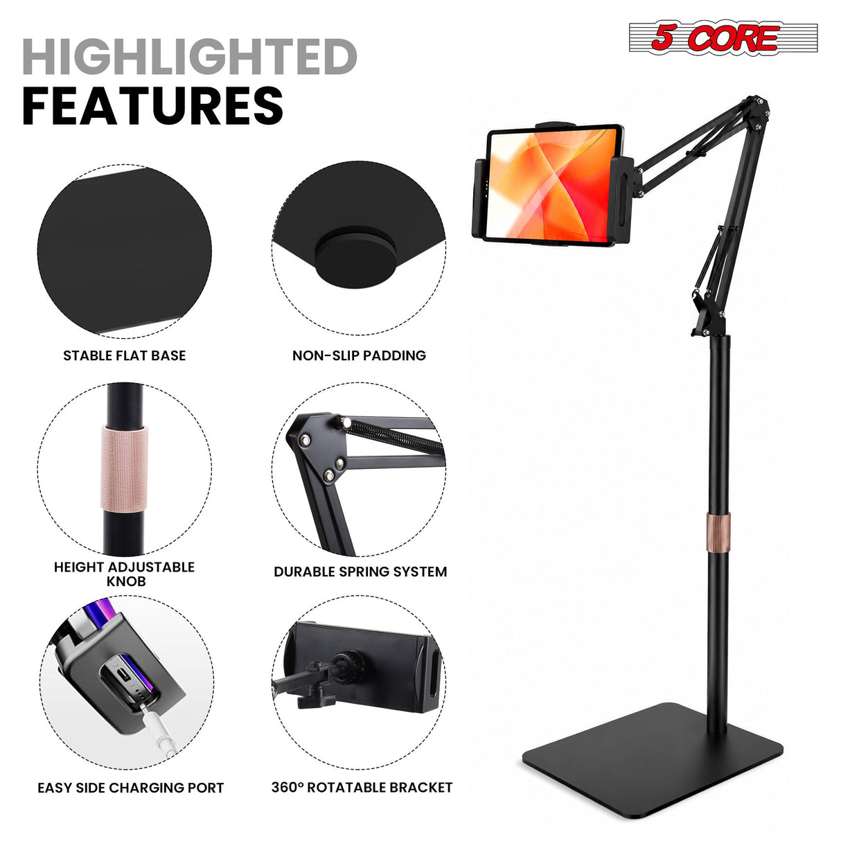 5 Core Tablet Floor Stand 360° Rotatable Adjustable Overhead Universal Bed Phone iPad Stand