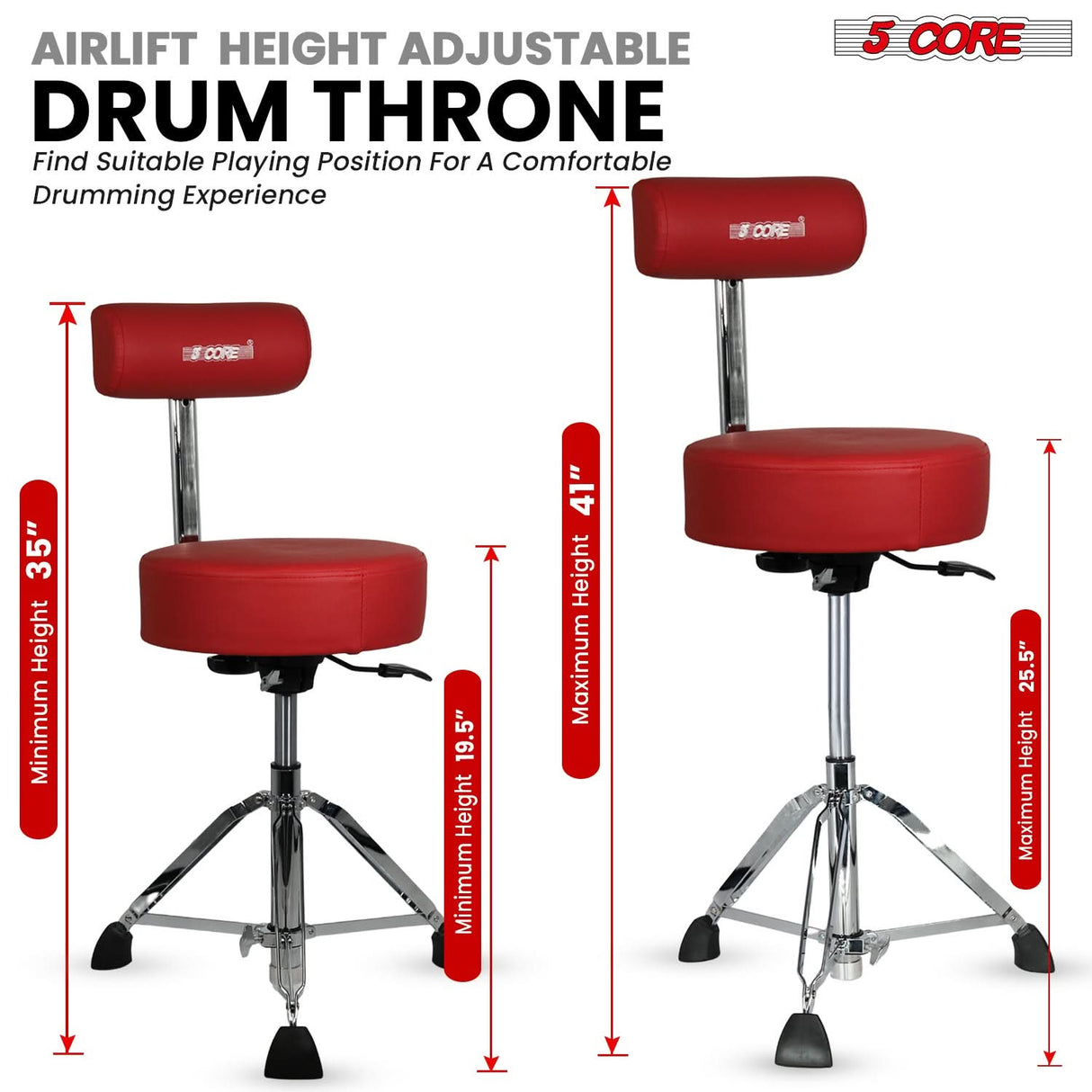 5 Core Drum Throne w Backrest 4" Padded Stool Airlift Adjustable 25.5" Drummer Chair 441Lb Capacity