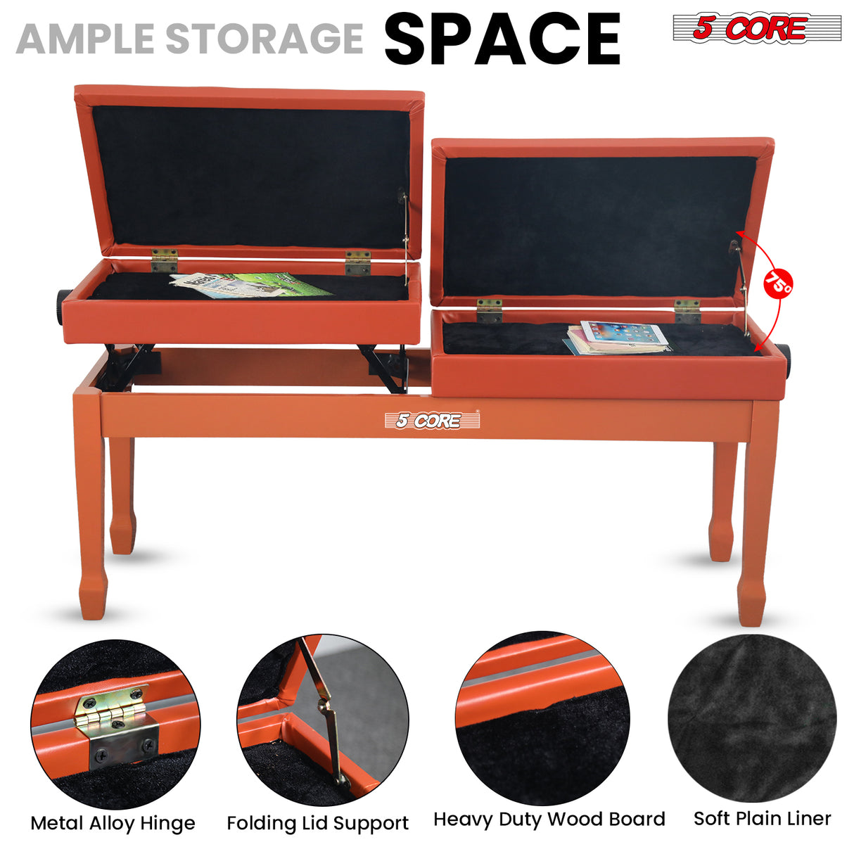 5 Core Duet Piano Bench 3.5 Inch Padded Cushioned Stool Wooden Heavy Duty Musician Chair w Storage