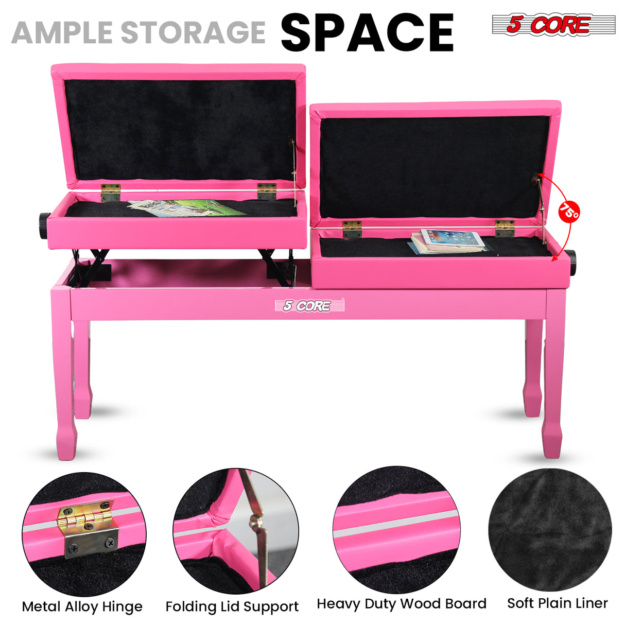 5 Core Duet Piano Bench 3.5 Inch Padded Cushioned Stool Wooden Heavy Duty Musician Chair w Storage
