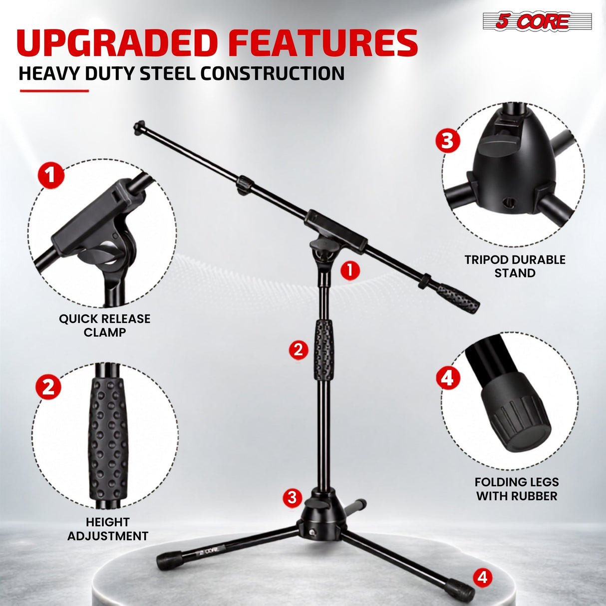 5 Core Mic Stand Floor Adjustable Short Tripod Microphone Stands w Telescoping Boom Arm
