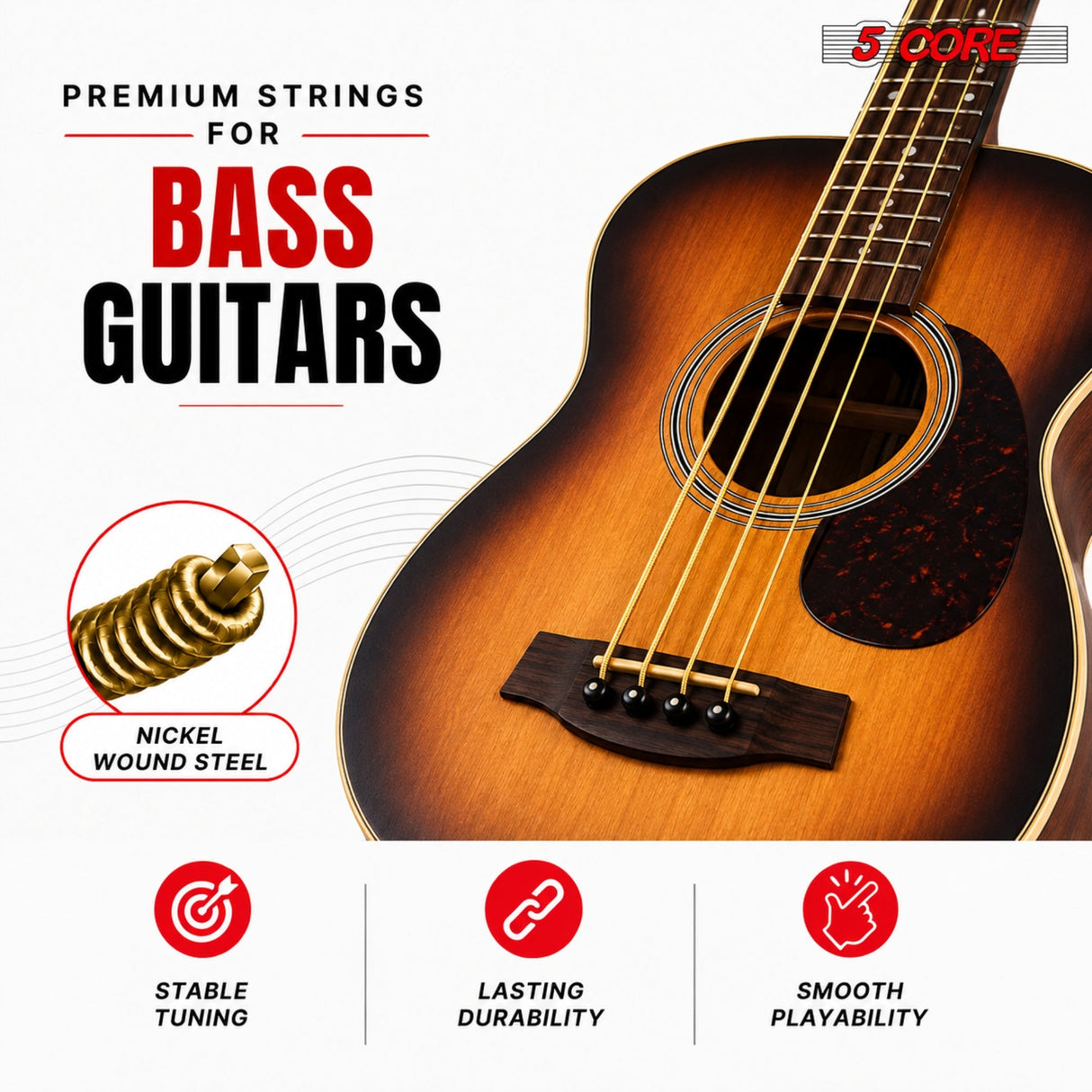5 Core Acoustic Guitar 6 String Set Medium Gauge Steel Carbon Core Bright Powerful Tone Heavy Duty
