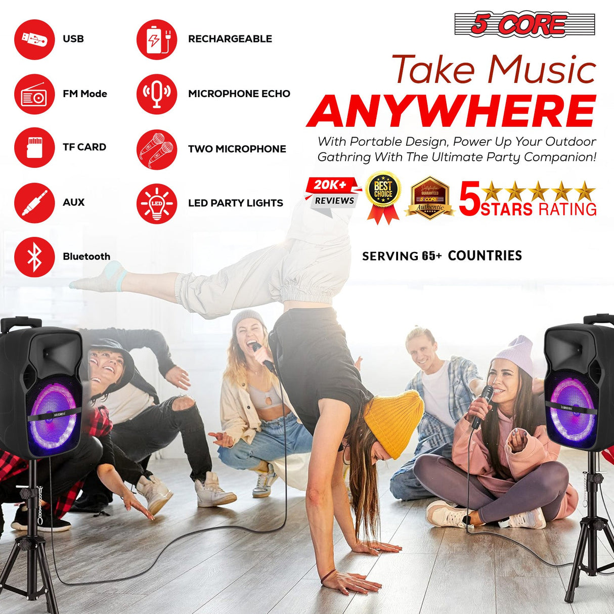5Core 8 inch PA Portable Bluetooth Party Speaker Karaoke Boombox + 2 Wireless Mics 2 Pieces