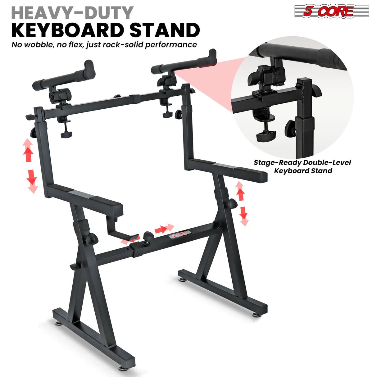 5Core Piano Keyboard Stand Z Style Heavy Duty 2 Tier Stands w Adjustable Arm Fits 54 61 88 Key Board