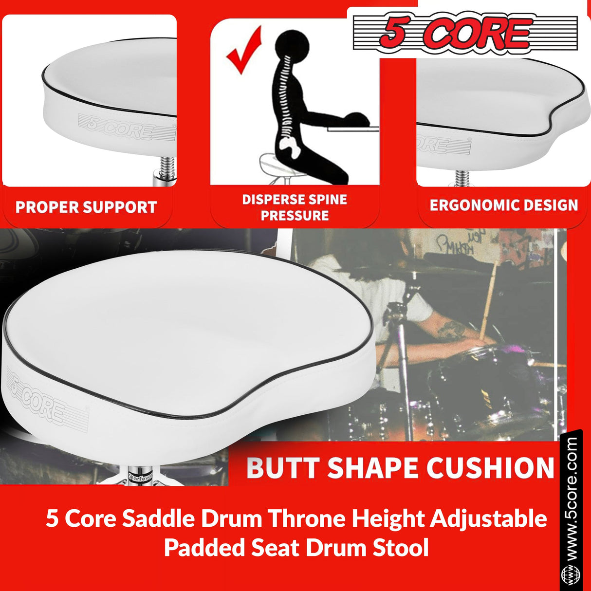 5Core Drum Throne Padded Guitar Stool Saddle Drummer Seat for Adults & Kids