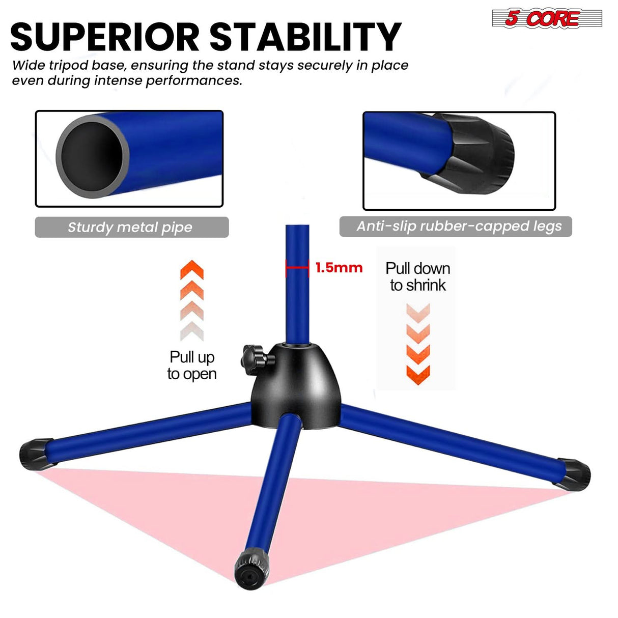 5 Core Mic Stand Floor Height Adjustable Tripod Microphone Stands w Extending Telescoping Boom Arm