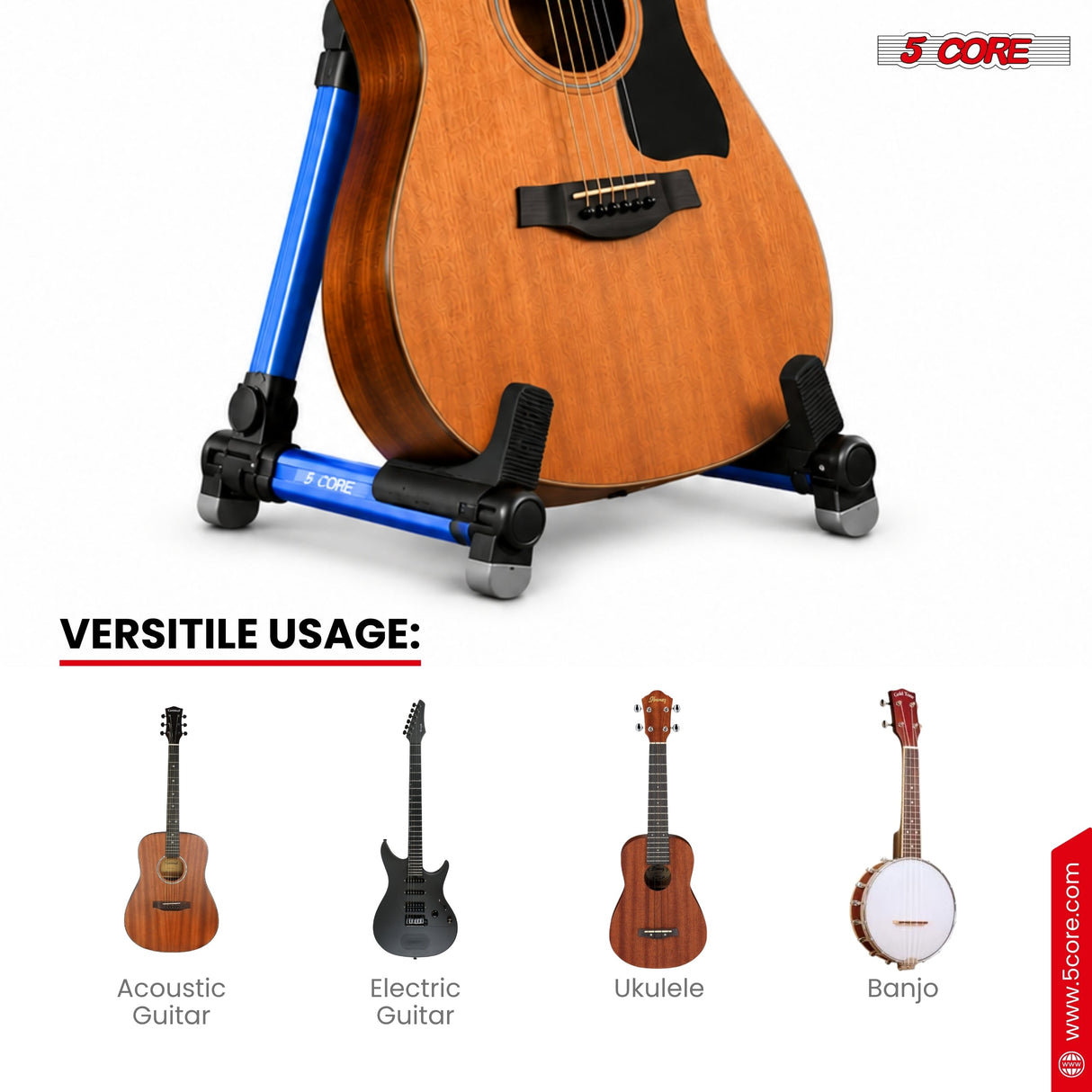 5 Core Guitar Stand Adjustable A Frame Shape w Rubber Pad Arms Supports Acoustic Electric Bass Blue