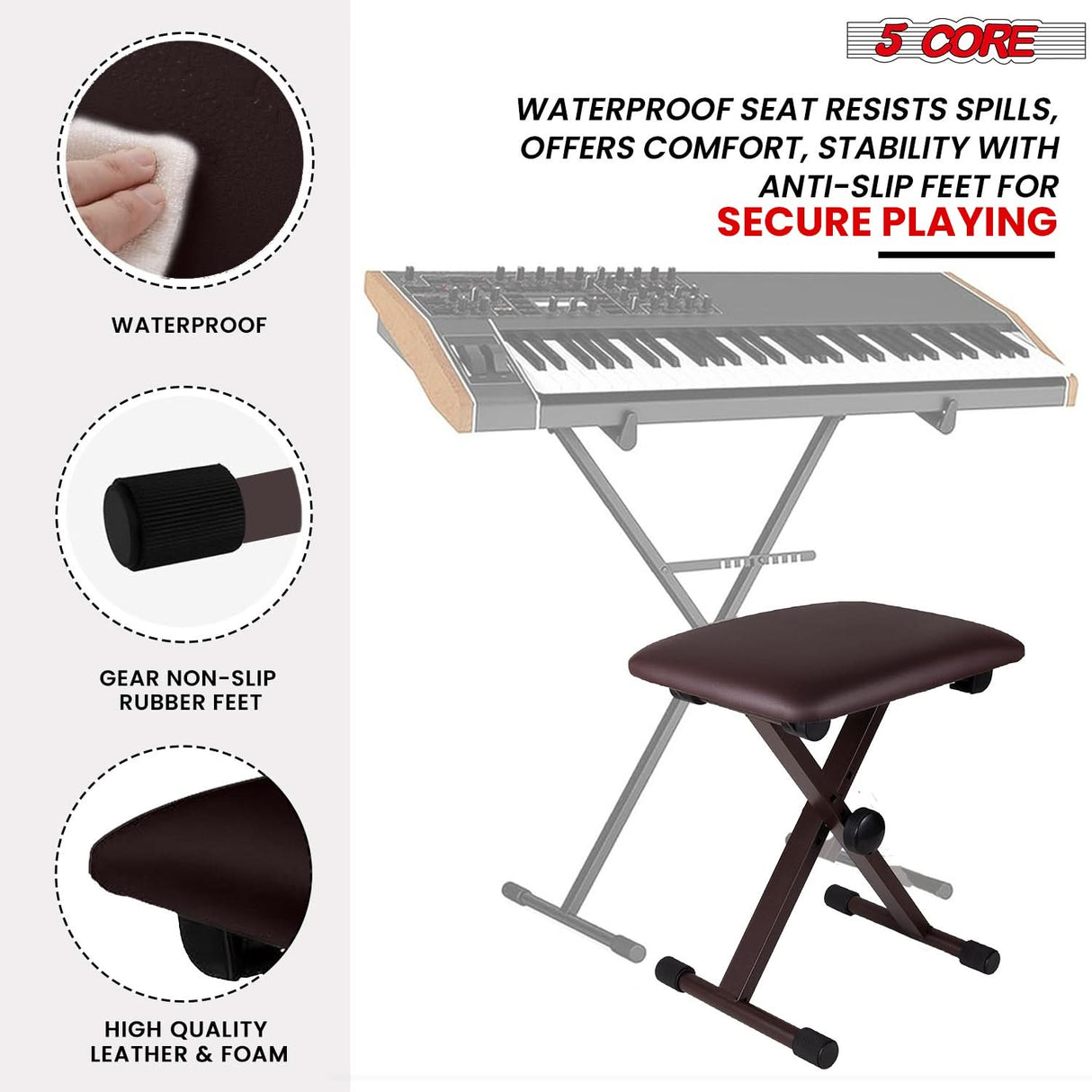 5 Core Keyboard Bench 2" Padded Cushioned Piano Stool Height Adjustable Guitar Seat Folding Portable