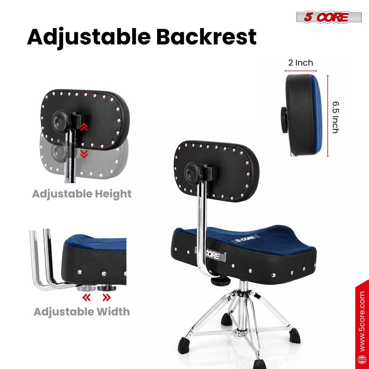 5 Core Drum Throne w Backrest 4" Padded Stool Airlift Adjustable Drummer Chair