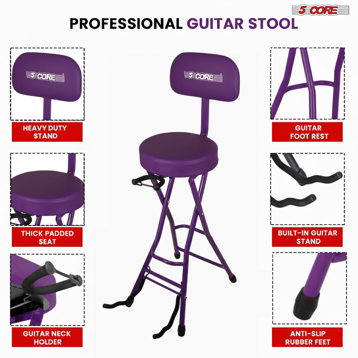 5Core Guitar Stool 3.15" Padded Chair w Backrest Foldable Music Seat Built in Foot Rest Guitar Stand
