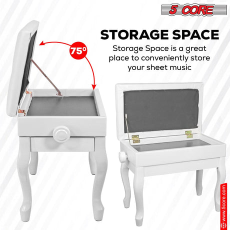 5 Core Piano Bench Wooden Height Adjustable Stool Heavy Duty Keyboard Seat with Storage WHITE