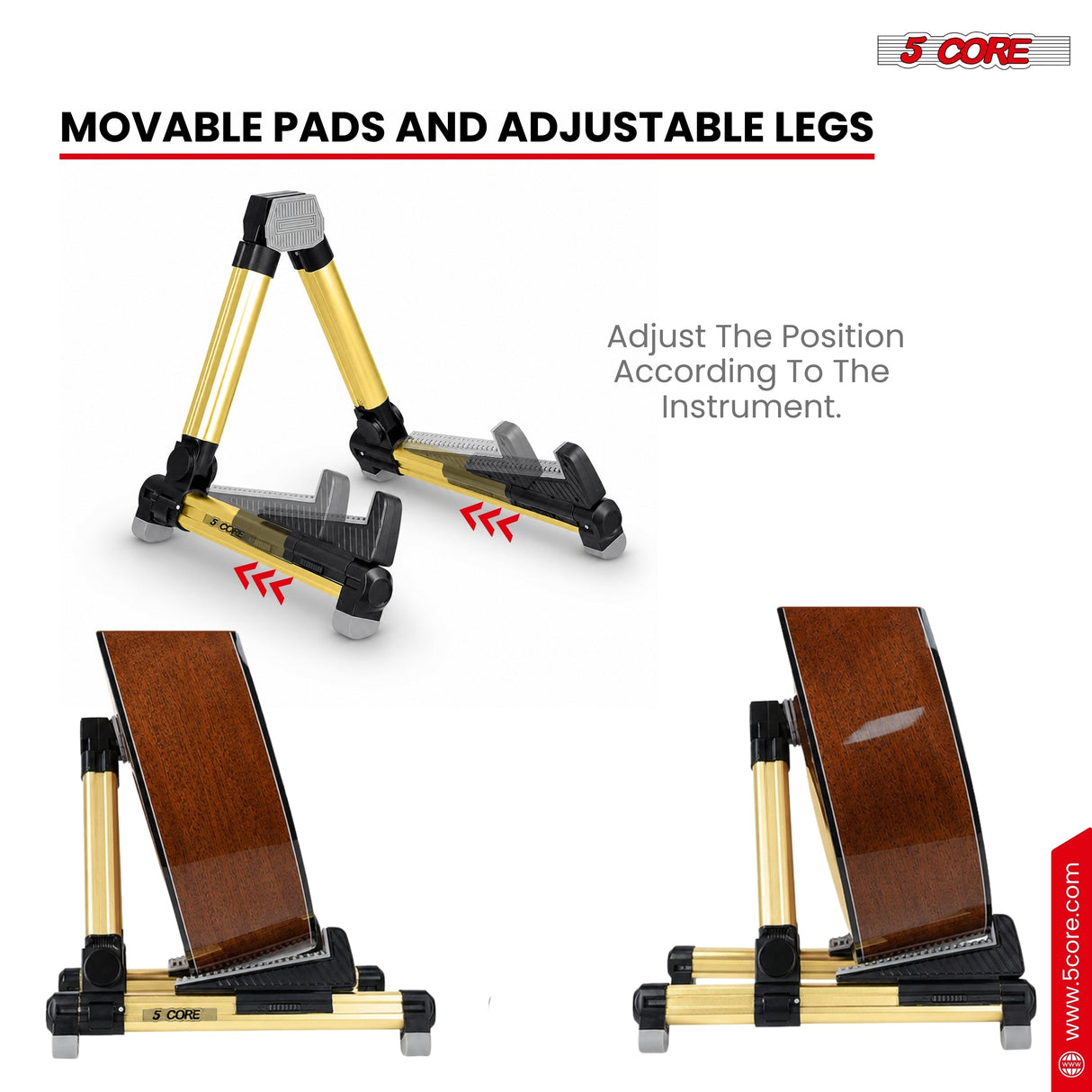 5 Core Guitar Stand Adjustable A Frame Shape w Rubber Pad Arms Supports Acoustic Electric Bass Gold