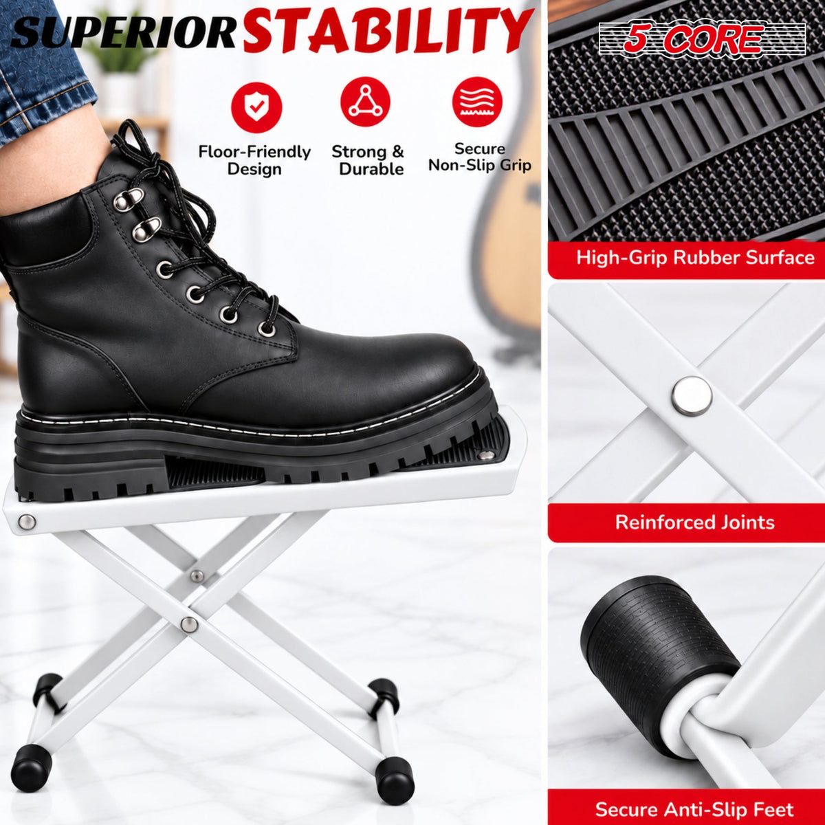 5 Core Guitar Foot Stool Metal  6-Level Adjustable Folding Leg Rest White