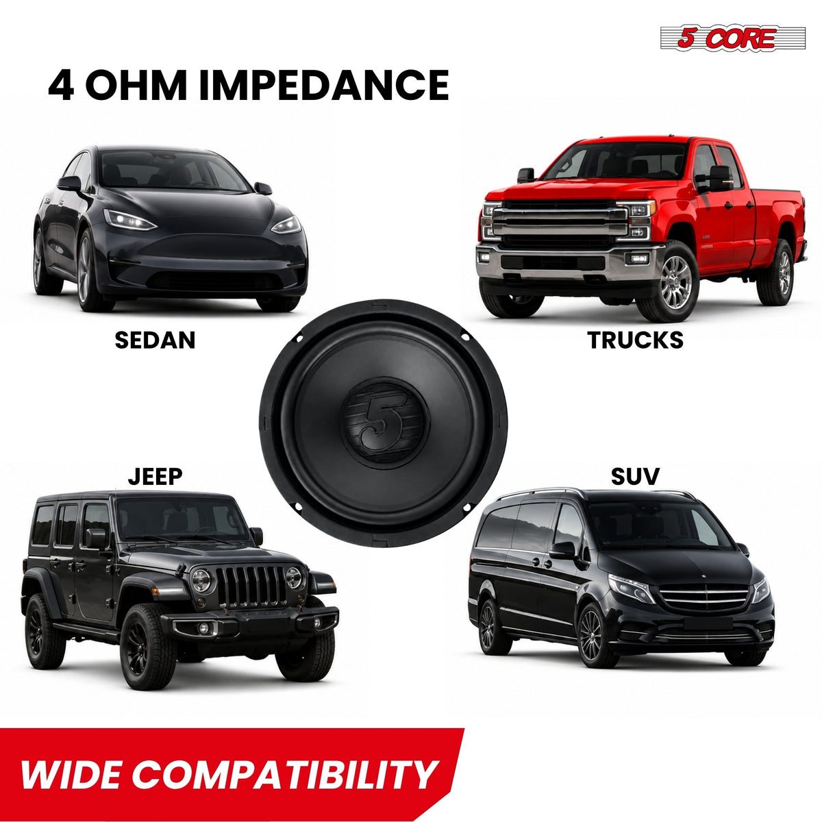5 CORE 8 Inch Car Audio Subwoofer 1000W 4Ohm Shallow Mount Woofer Speaker
