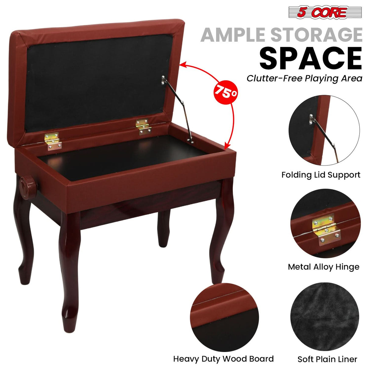 5 Core Piano Bench 3" Padded Cushioned Stool Wooden Heavy Duty Adjustable Musician Chair w Storage