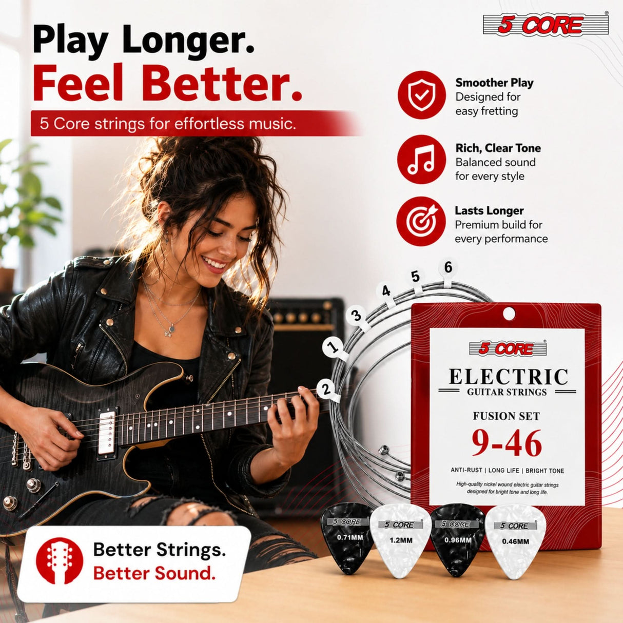 5 Core Guitar Strings Nickel Plated Acoustic Electric Guitar String Set w Picks