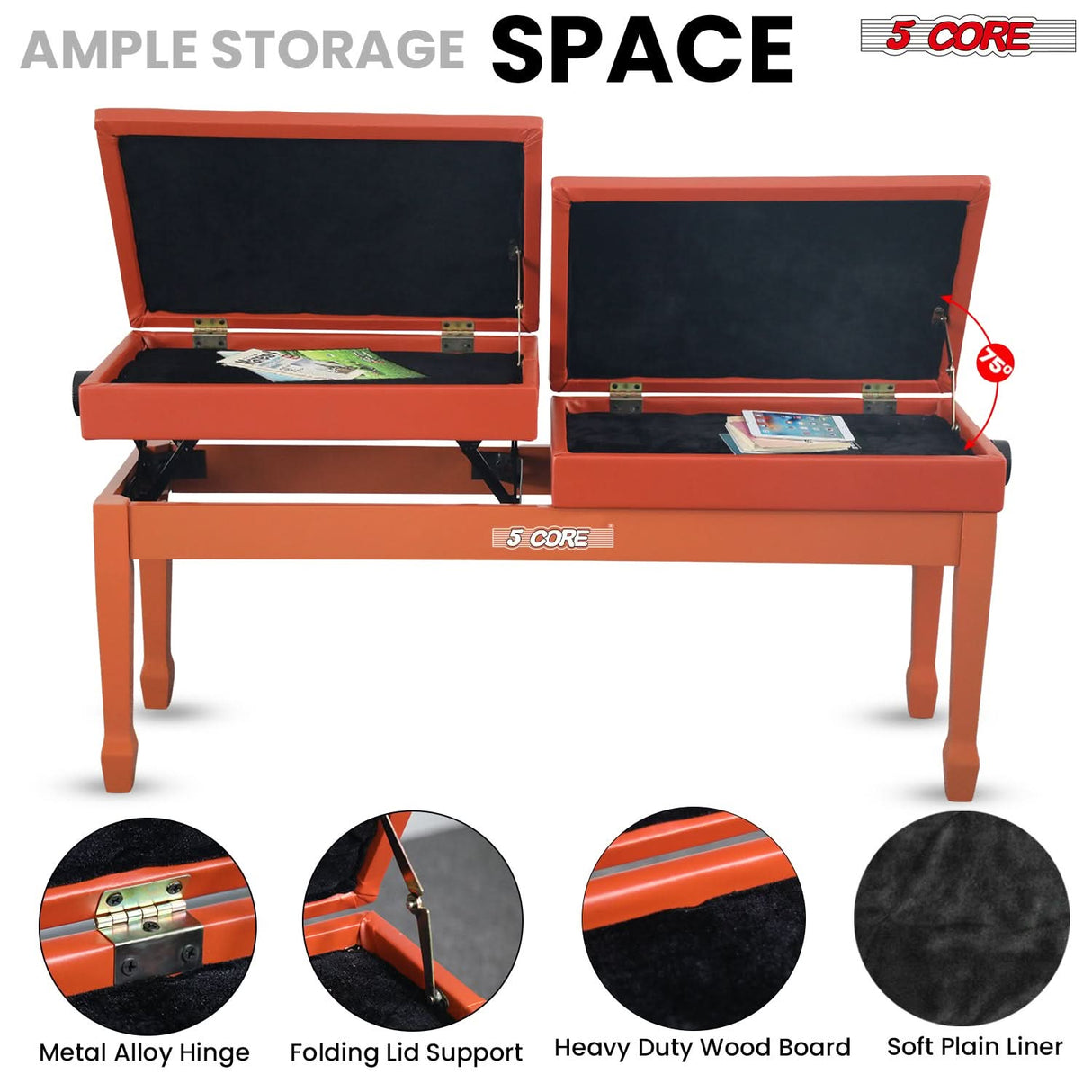 5 Core Duet Piano Bench 3.5 Inch Padded Cushioned Stool Wooden Heavy Duty Musician Chair w Storage